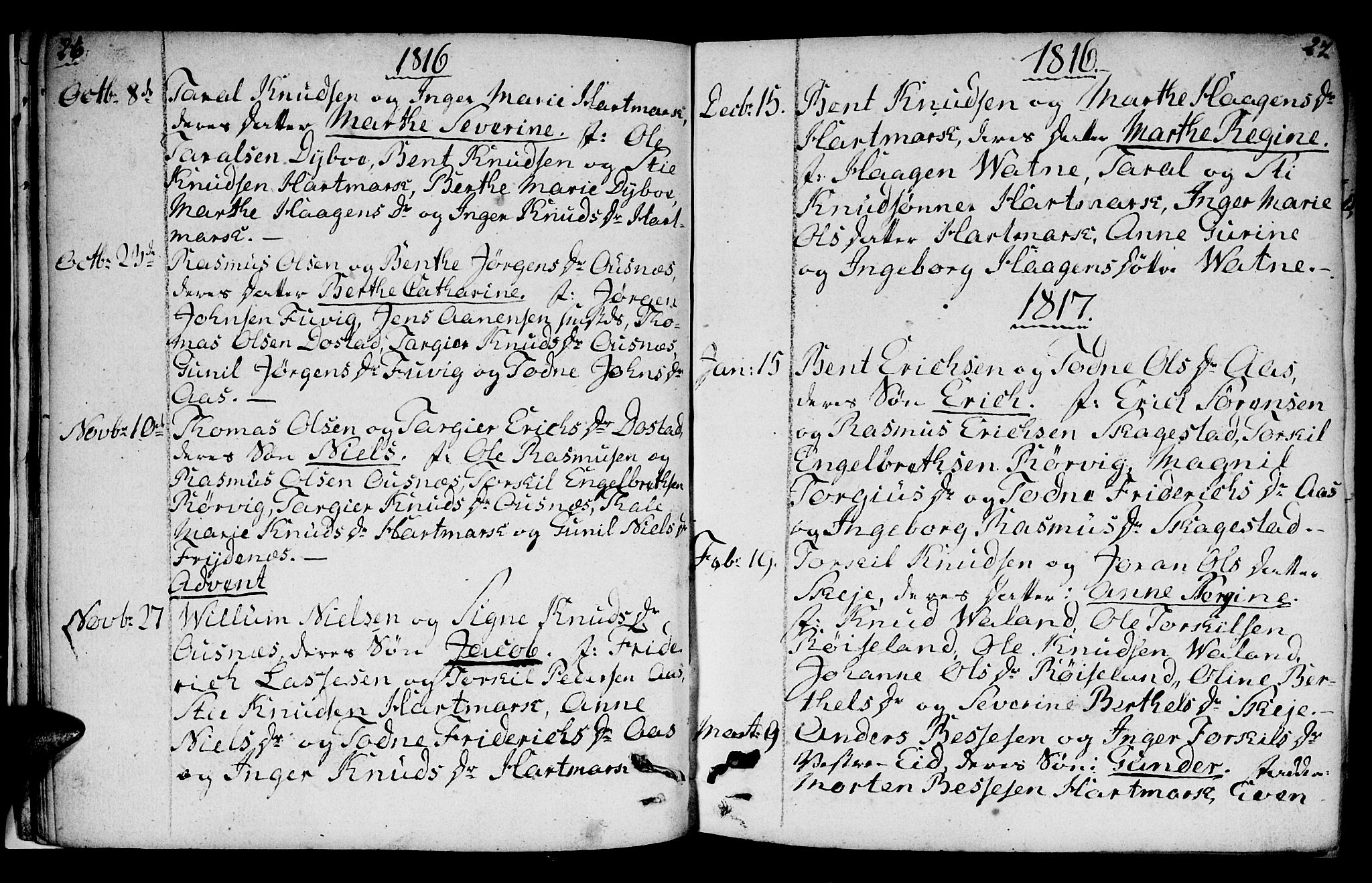 Mandal sokneprestkontor, SAK/1111-0030/F/Fb/Fbb/L0001: Klokkerbok nr. B 1, 1802-1846, s. 26-27