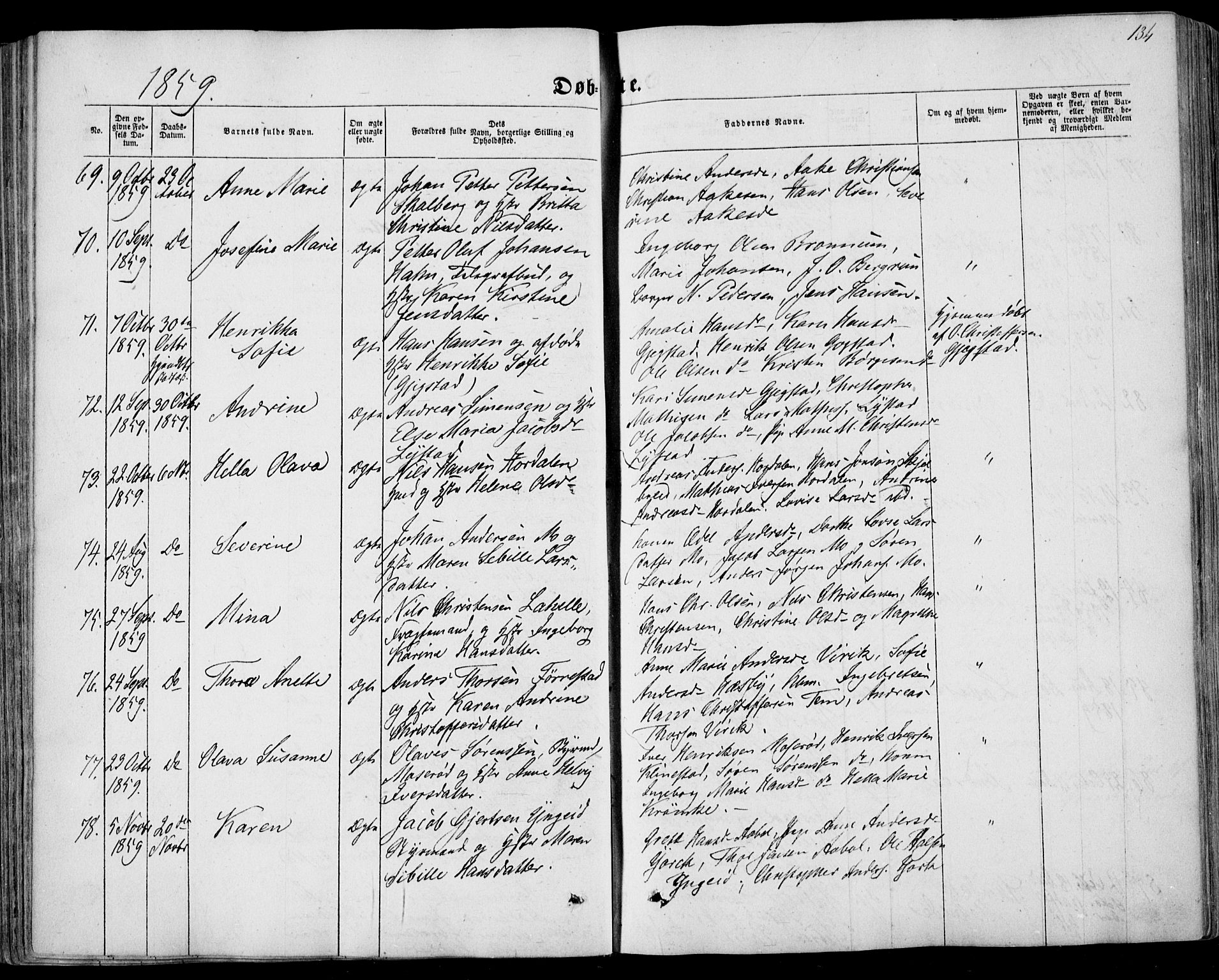 Sandar kirkebøker, AV/SAKO-A-243/F/Fa/L0007: Ministerialbok nr. 7, 1855-1861, s. 134