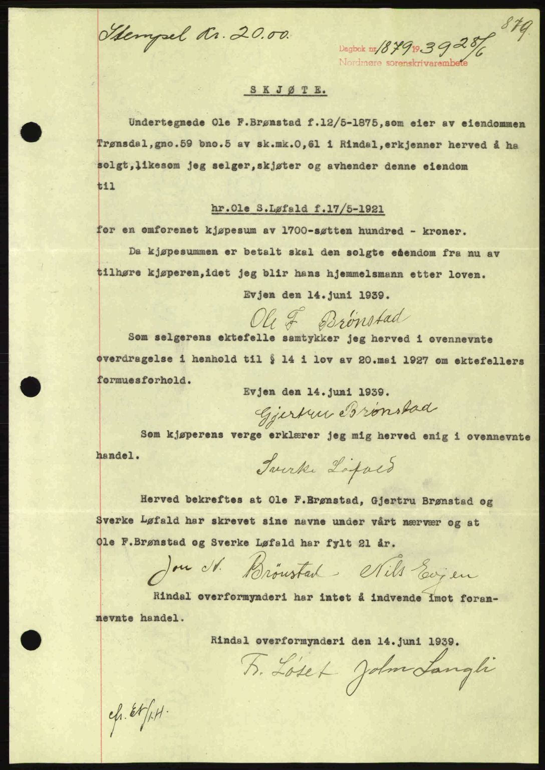 Nordmøre sorenskriveri, SAT/A-4132/1/2/2Ca: Pantebok nr. A86, 1939-1939, Dagboknr: 1879/1939