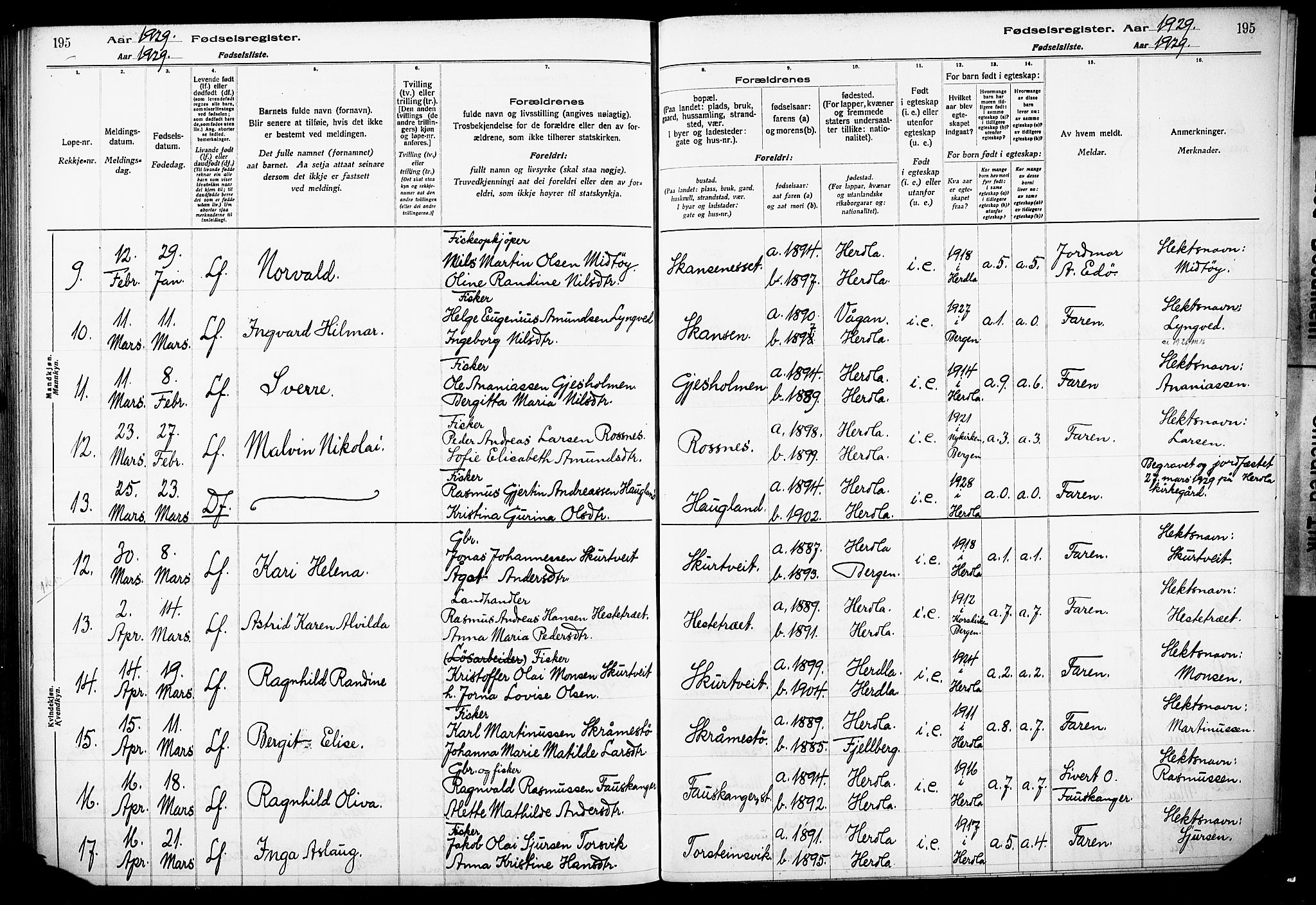 Herdla Sokneprestembete, AV/SAB-A-75701/I/Id/L00A1: Fødselsregister nr. A 1, 1916-1929, s. 195