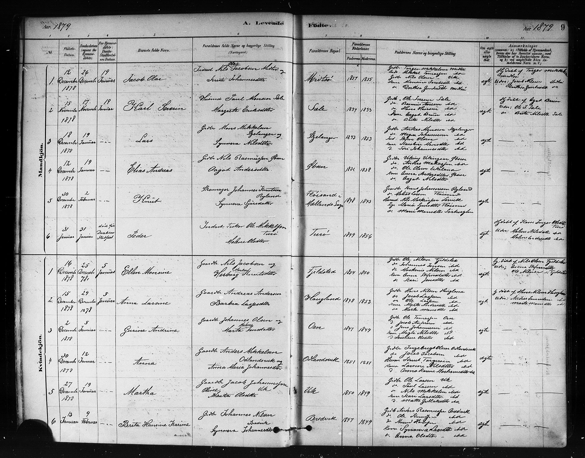 Herdla Sokneprestembete, AV/SAB-A-75701/H/Haa: Ministerialbok nr. A 3, 1878-1890, s. 9