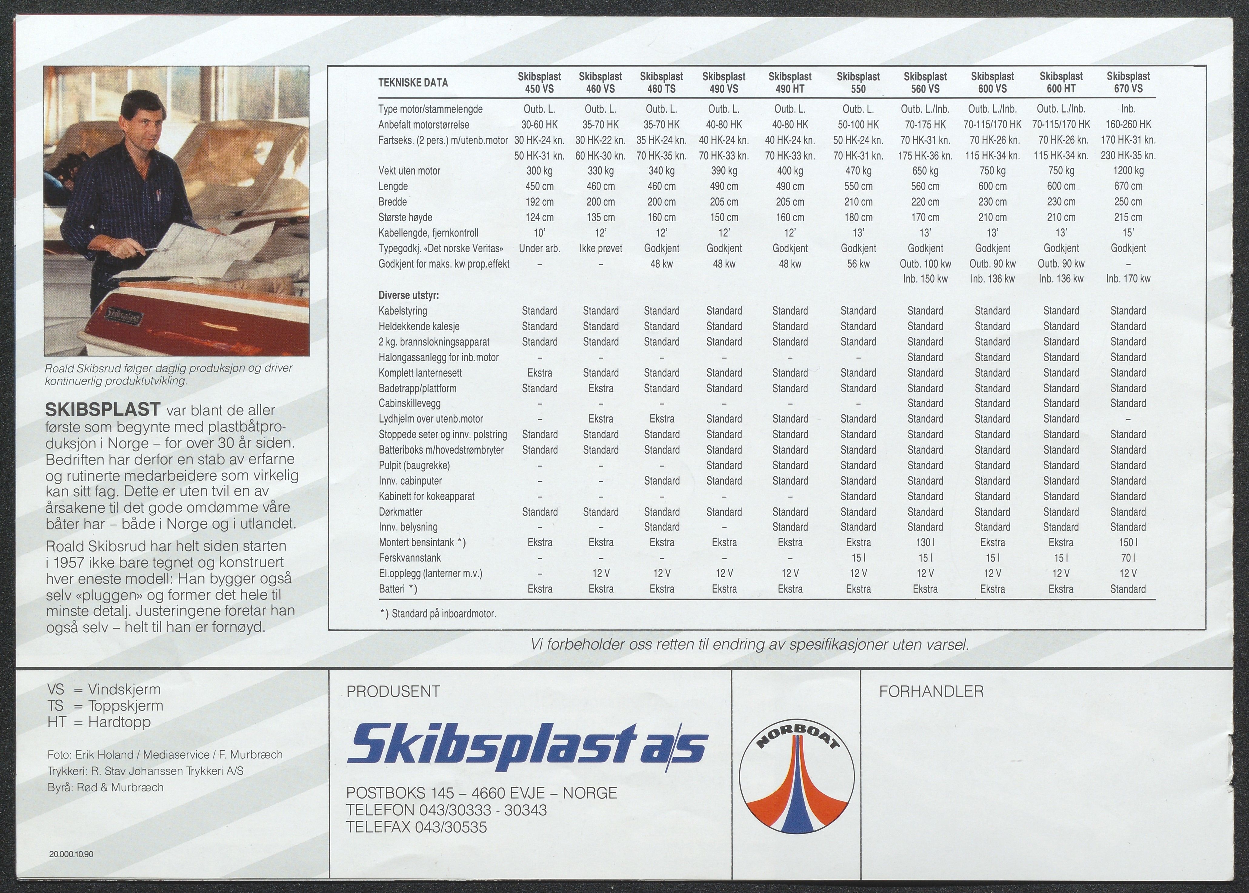 Skibsplast, AAKS/PA-2968/01/X/X01/L0001/0024: Brosjyrer / Skibsplast 670 VS (1987-1992). Skibsplast 600 HT/VS (HT:1985-1992, VS:191984-1992). Skibsplast 550 (1984-1991). Skibsplast 560 VS (1989-1997). Skibsplast 490 HT (1982-2000). Skibsplast 490 VS (1983-1995). , 1982-2000