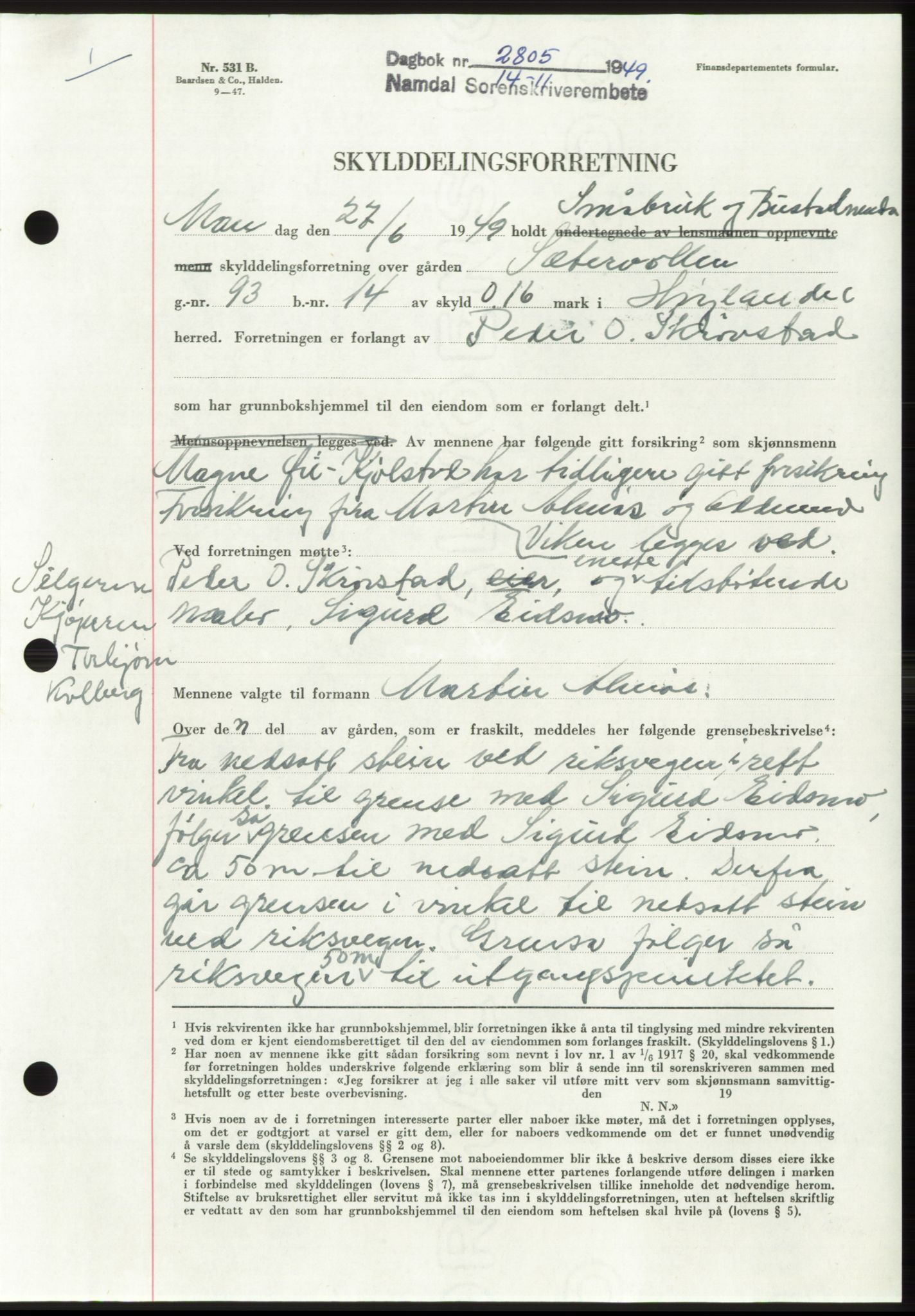 Namdal sorenskriveri, SAT/A-4133/1/2/2C: Pantebok nr. -, 1949-1949, Dagboknr: 2805/1949