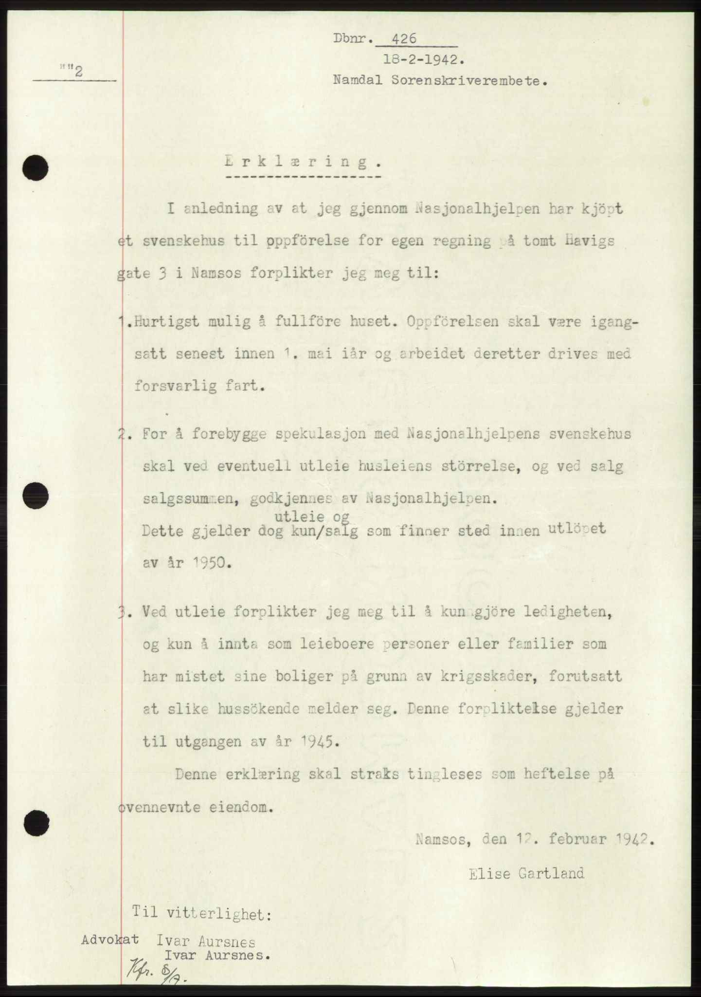Namdal sorenskriveri, SAT/A-4133/1/2/2C: Pantebok nr. -, 1941-1942, Dagboknr: 426/1942