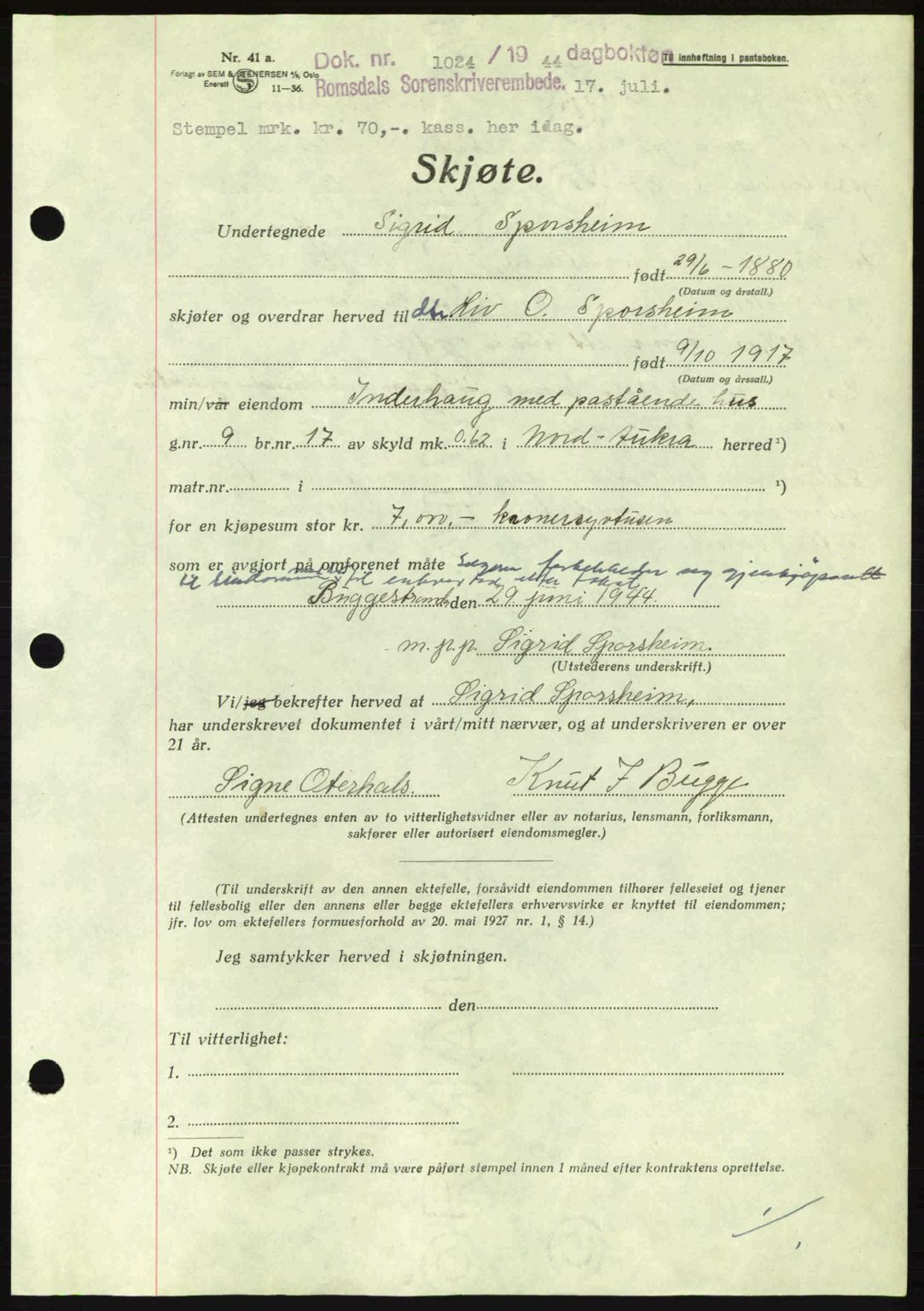 Romsdal sorenskriveri, AV/SAT-A-4149/1/2/2C: Pantebok nr. A16, 1944-1944, Dagboknr: 1024/1944