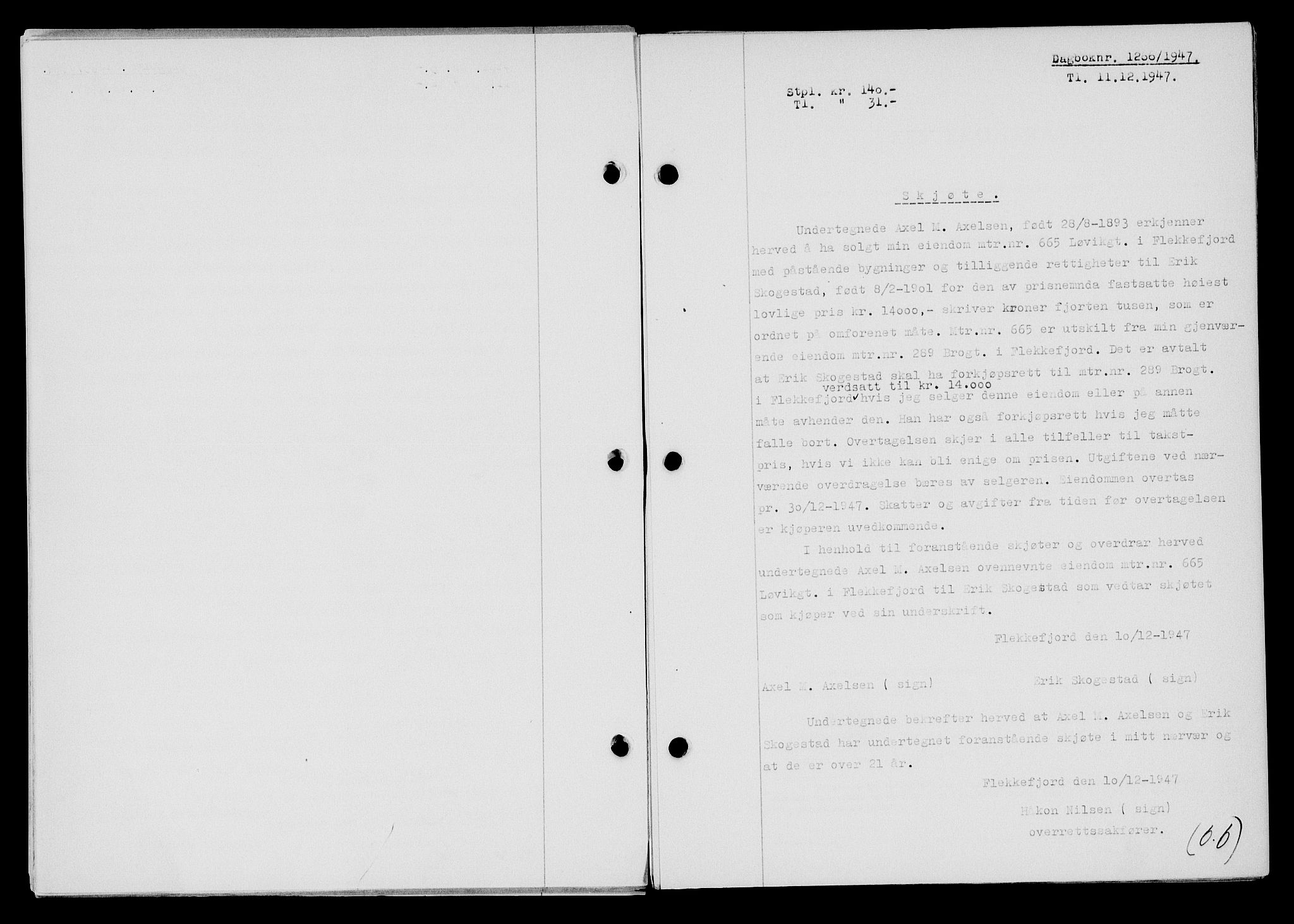 Flekkefjord sorenskriveri, SAK/1221-0001/G/Gb/Gba/L0063: Pantebok nr. A-11, 1947-1948, Dagboknr: 1266/1947