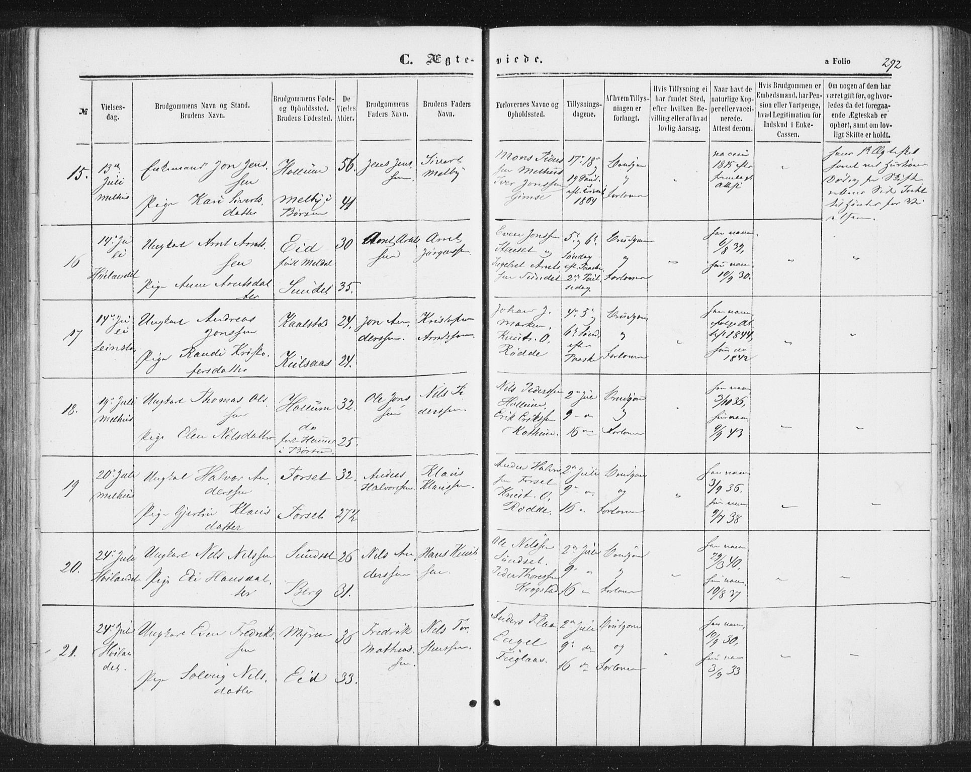 Ministerialprotokoller, klokkerbøker og fødselsregistre - Sør-Trøndelag, SAT/A-1456/691/L1077: Ministerialbok nr. 691A09, 1862-1873, s. 292
