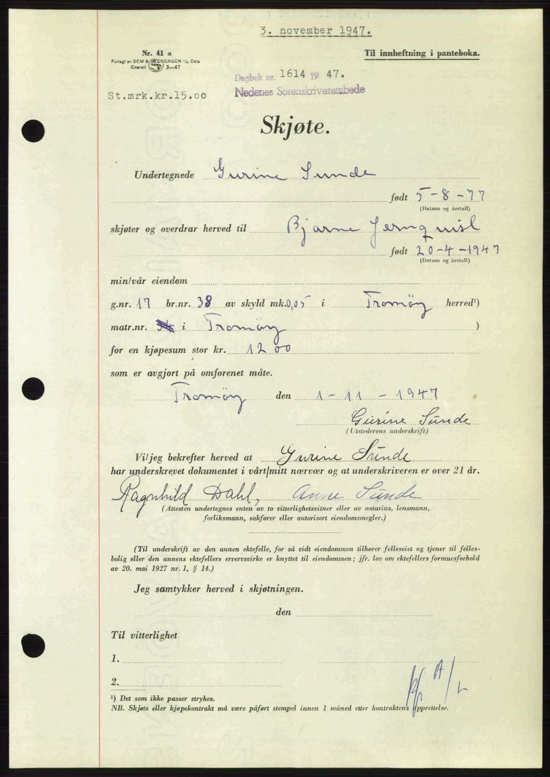 Nedenes sorenskriveri, AV/SAK-1221-0006/G/Gb/Gba/L0058: Pantebok nr. A10, 1947-1948, Dagboknr: 1614/1947