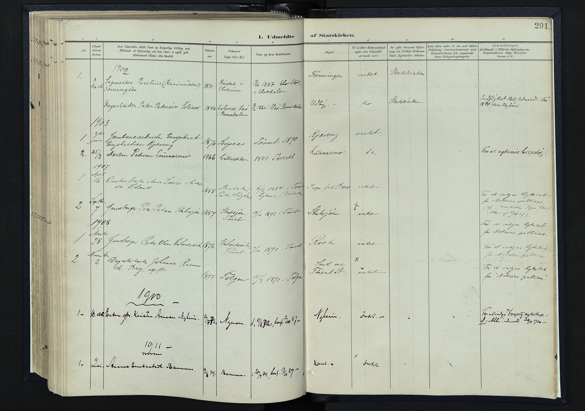 Tynset prestekontor, AV/SAH-PREST-058/H/Ha/Haa/L0025: Ministerialbok nr. 25, 1900-1914, s. 291