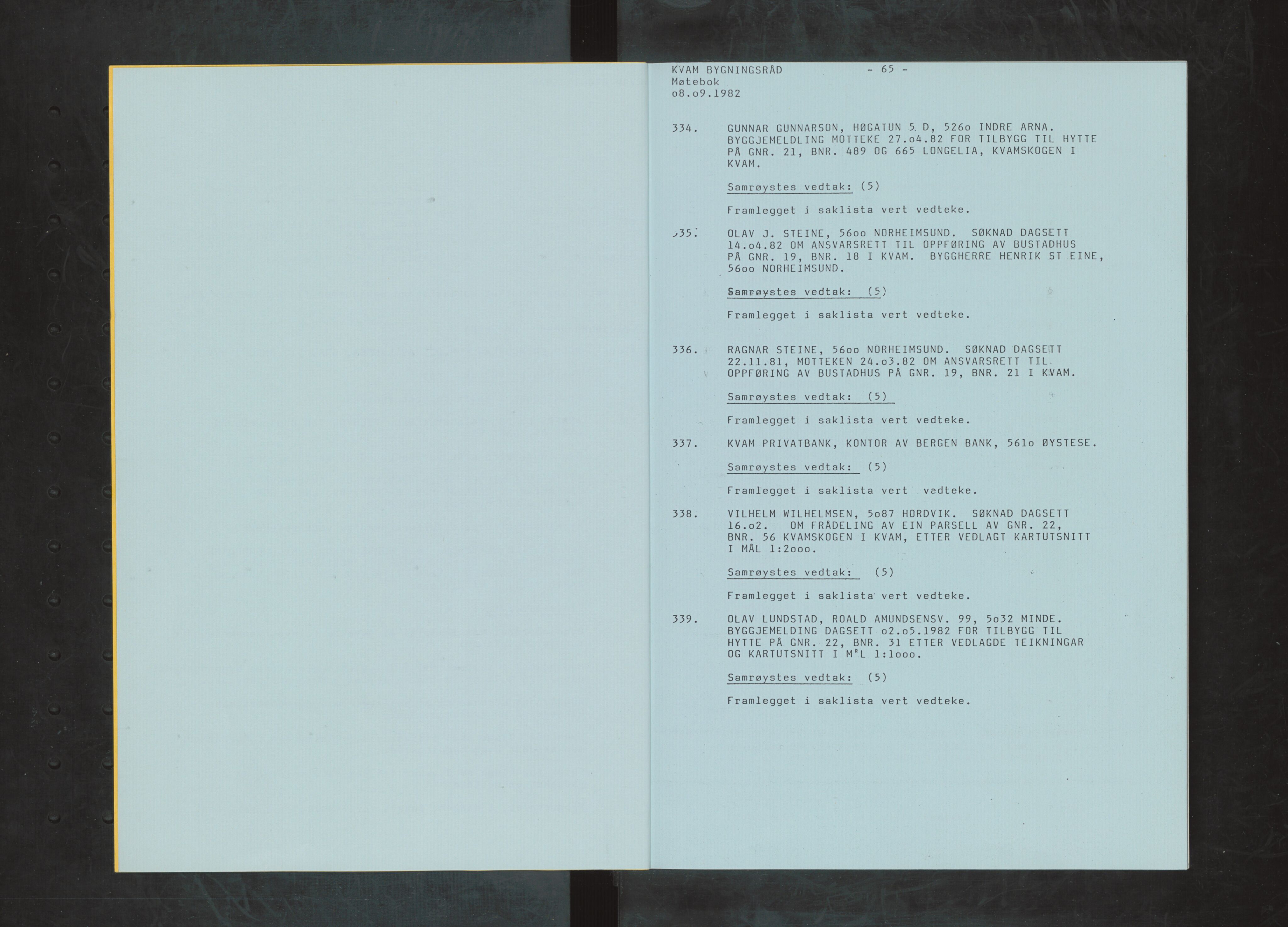 Kvam herad. Bygningsrådet, IKAH/1238-511/A/Ab/L0107: Utskrift av møtebok for Kvam bygningsråd, 1982