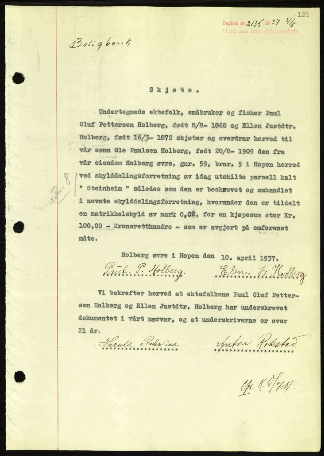 Nordmøre sorenskriveri, AV/SAT-A-4132/1/2/2Ca: Pantebok nr. A82, 1937-1938, Dagboknr: 2135/1937