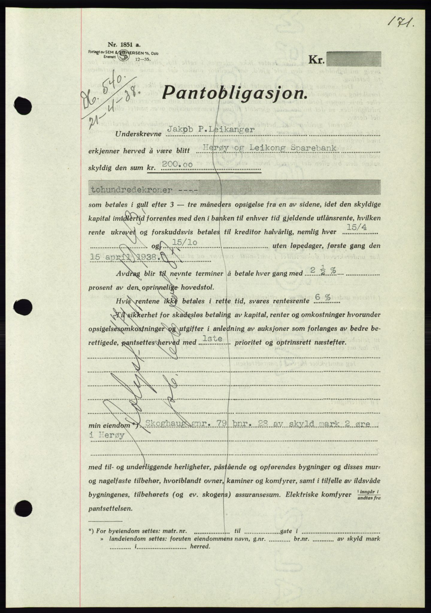 Søre Sunnmøre sorenskriveri, AV/SAT-A-4122/1/2/2C/L0065: Pantebok nr. 59, 1938-1938, Dagboknr: 540/1938