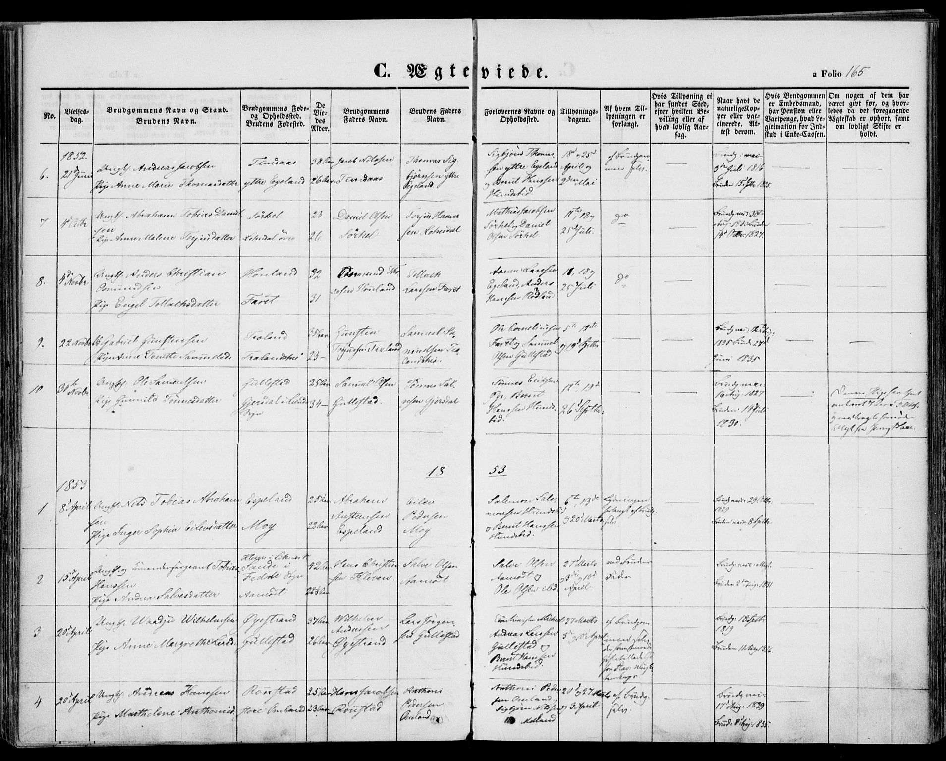 Kvinesdal sokneprestkontor, SAK/1111-0026/F/Fa/Fab/L0005: Ministerialbok nr. A 5, 1844-1857, s. 165