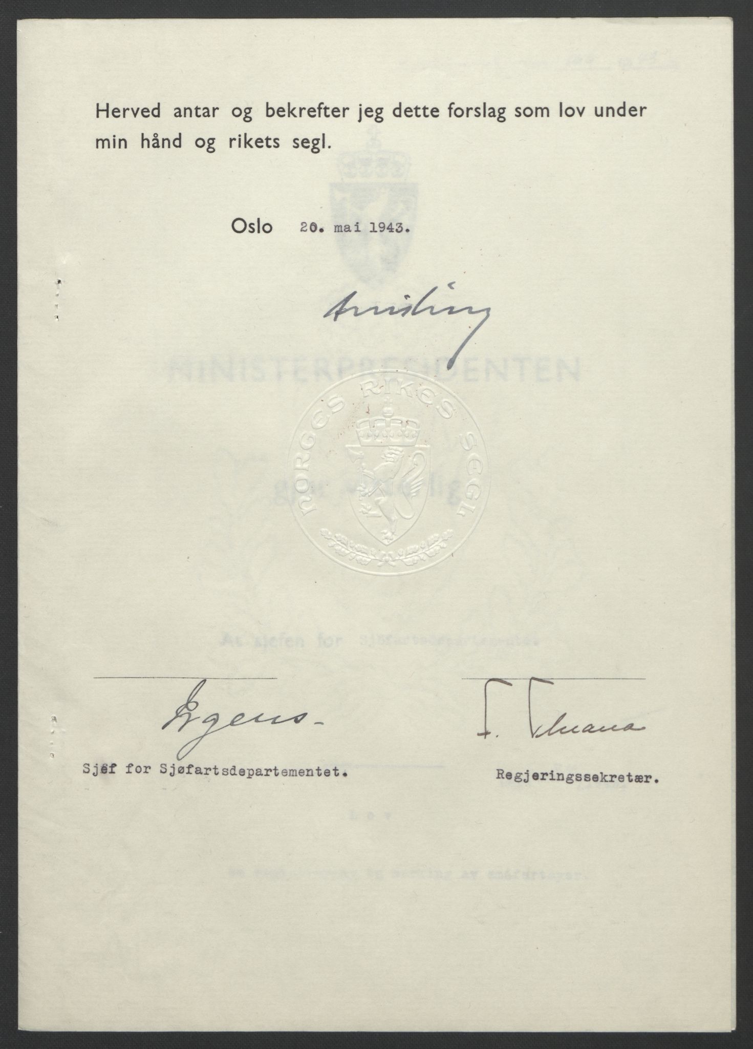 NS-administrasjonen 1940-1945 (Statsrådsekretariatet, de kommisariske statsråder mm), RA/S-4279/D/Db/L0099: Lover, 1943, s. 387