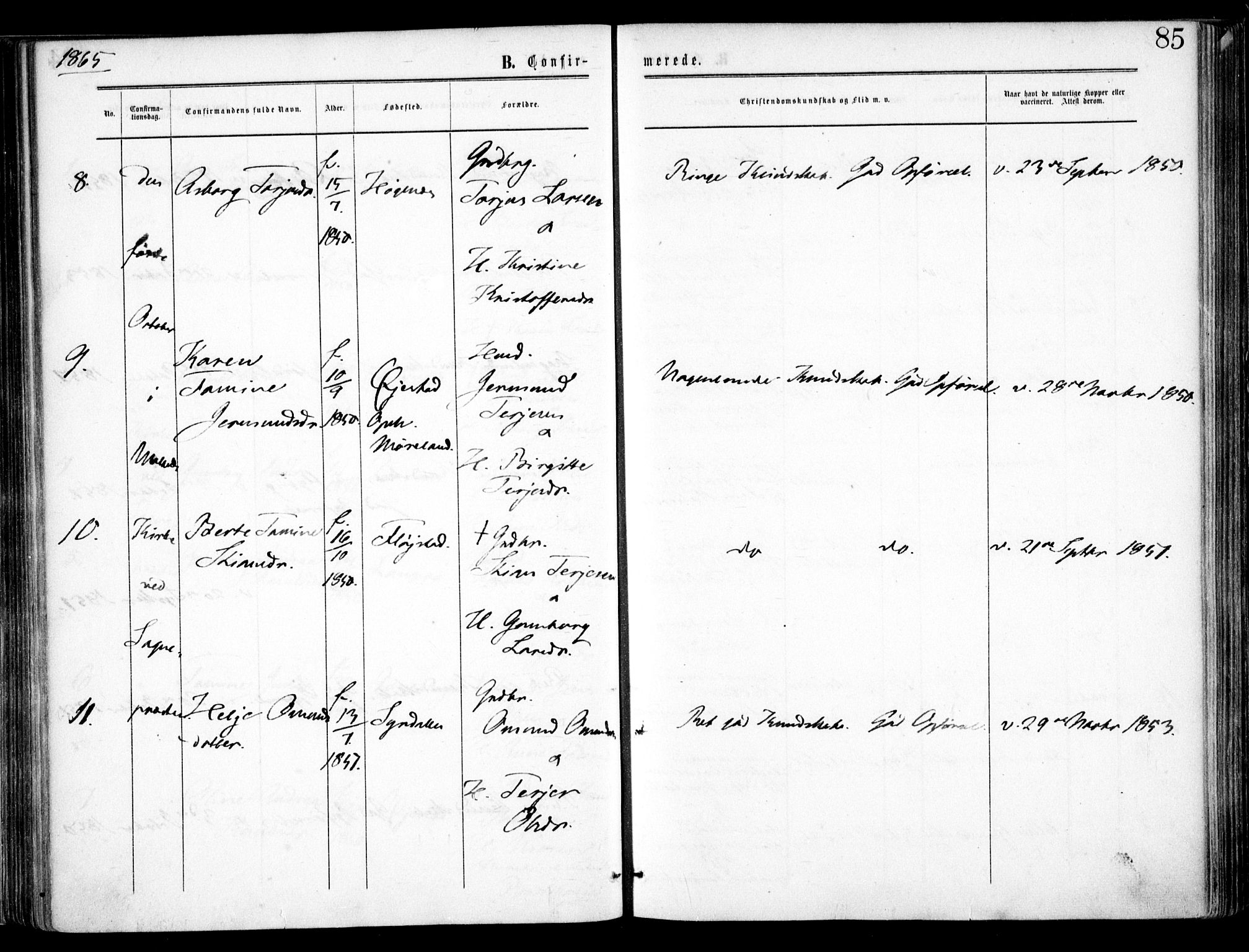 Austre Moland sokneprestkontor, SAK/1111-0001/F/Fa/Faa/L0008: Ministerialbok nr. A 8, 1858-1868, s. 85