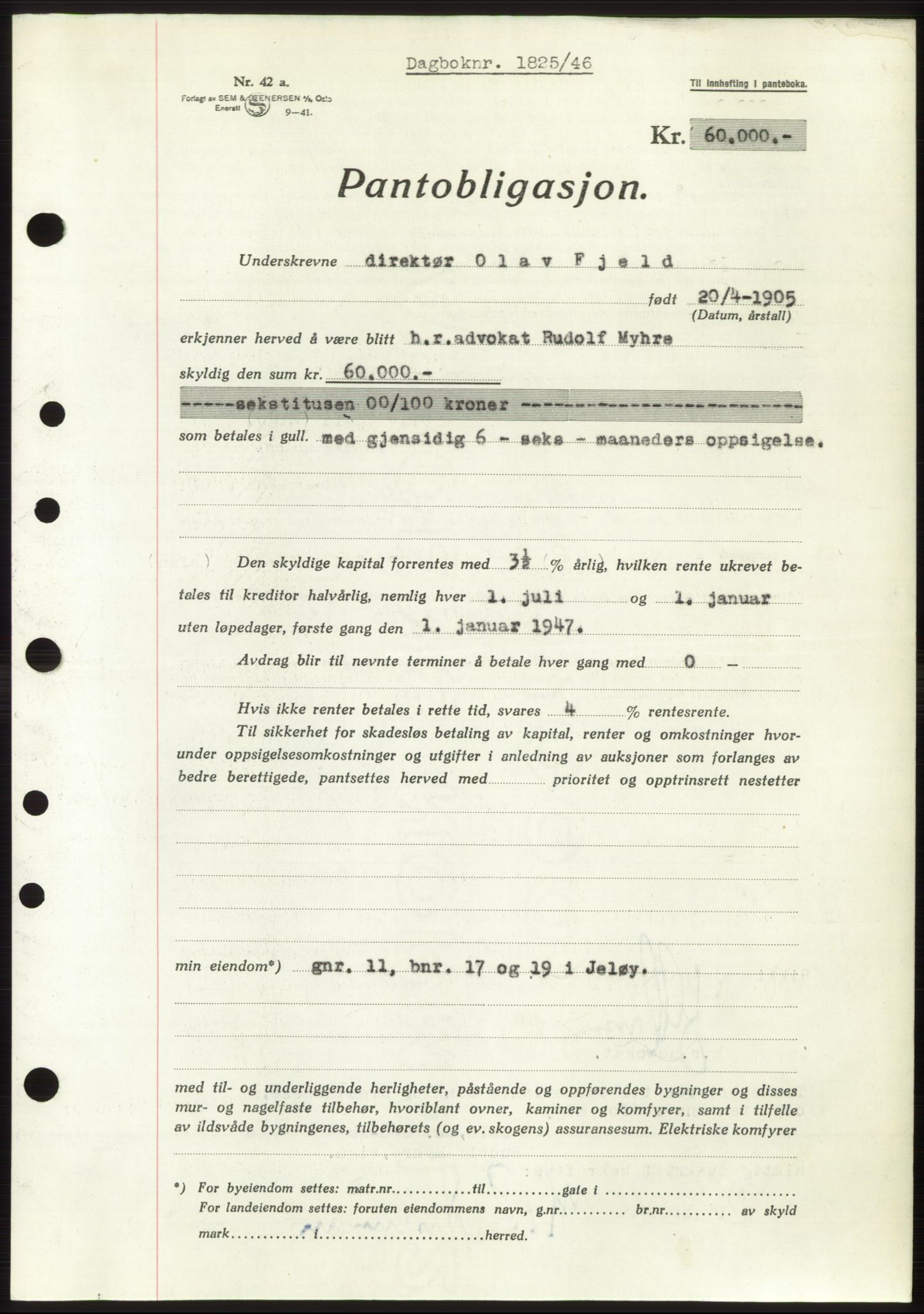 Moss sorenskriveri, SAO/A-10168: Pantebok nr. B15, 1946-1946, Dagboknr: 1825/1946