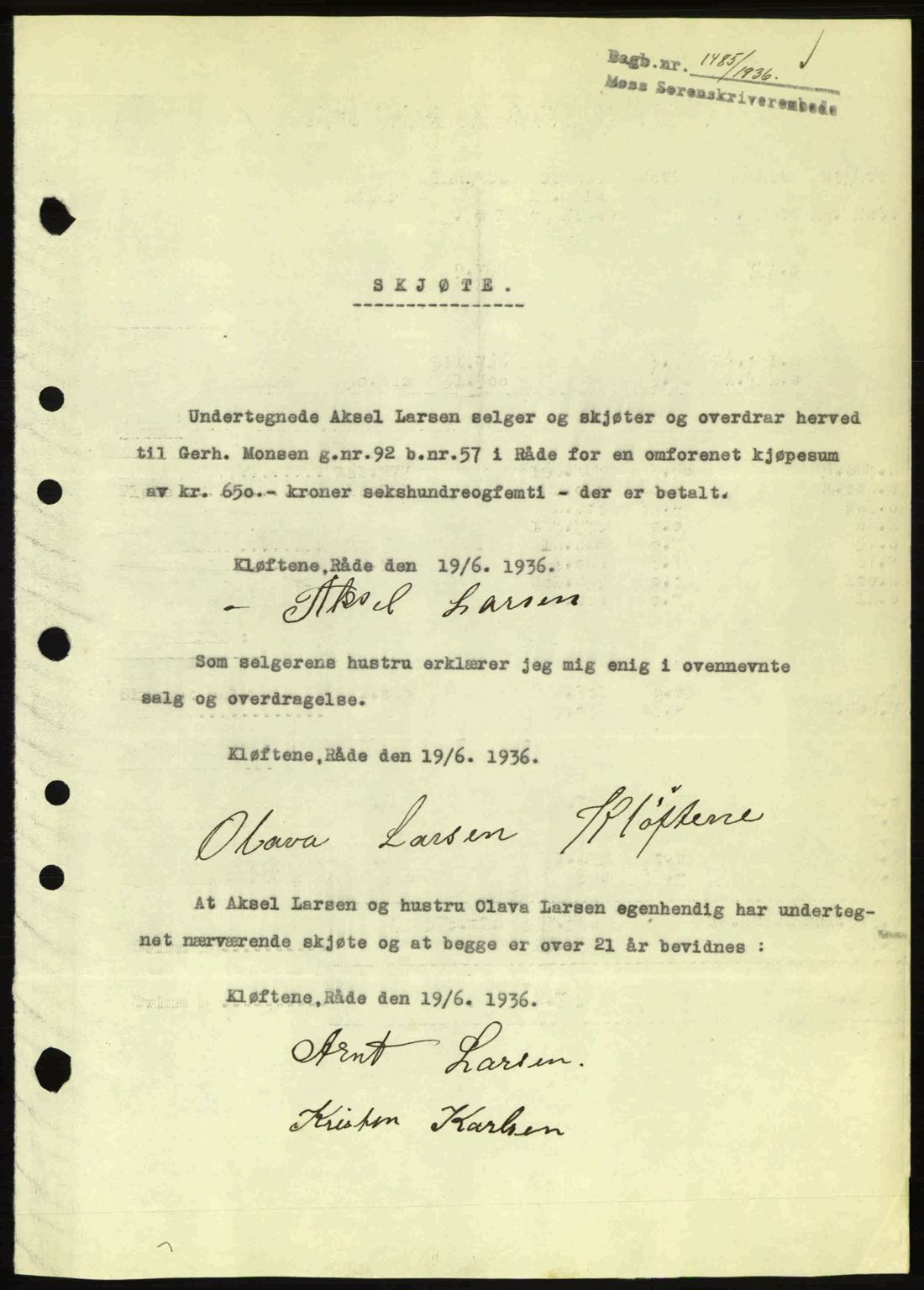 Moss sorenskriveri, SAO/A-10168: Pantebok nr. A1, 1936-1936, Dagboknr: 1485/1936