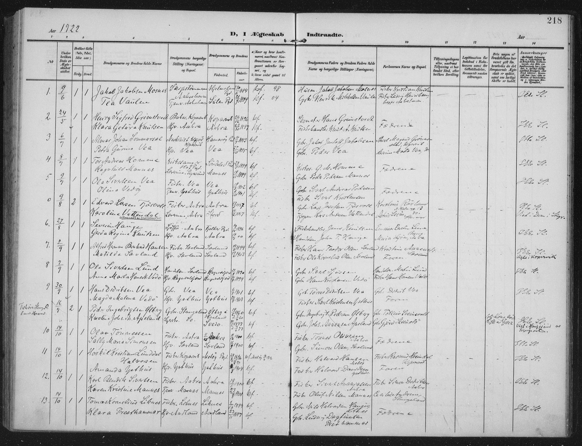 Kopervik sokneprestkontor, AV/SAST-A-101850/H/Ha/Haa/L0005: Ministerialbok nr. A 5, 1906-1924, s. 218