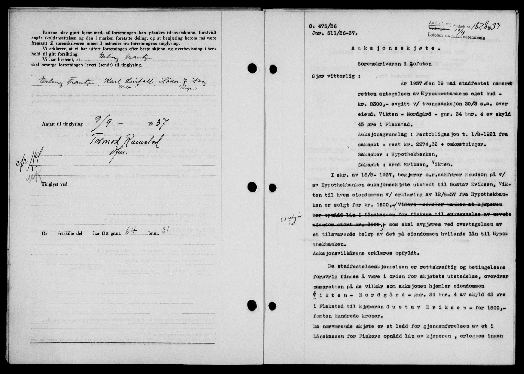 Lofoten sorenskriveri, SAT/A-0017/1/2/2C/L0002a: Pantebok nr. 2a, 1937-1937, Dagboknr: 1828/1937