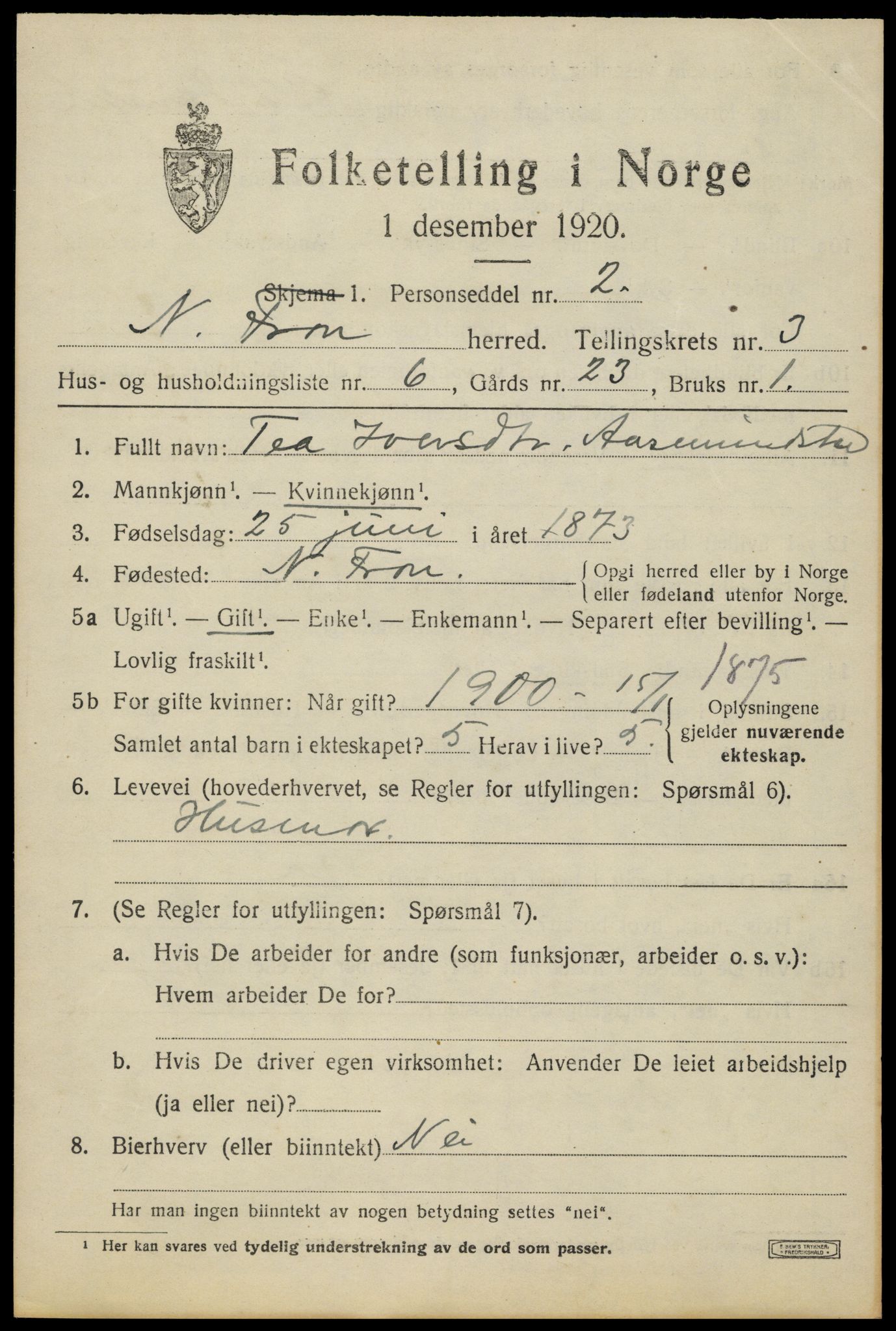 SAH, Folketelling 1920 for 0518 Nord-Fron herred, 1920, s. 3110