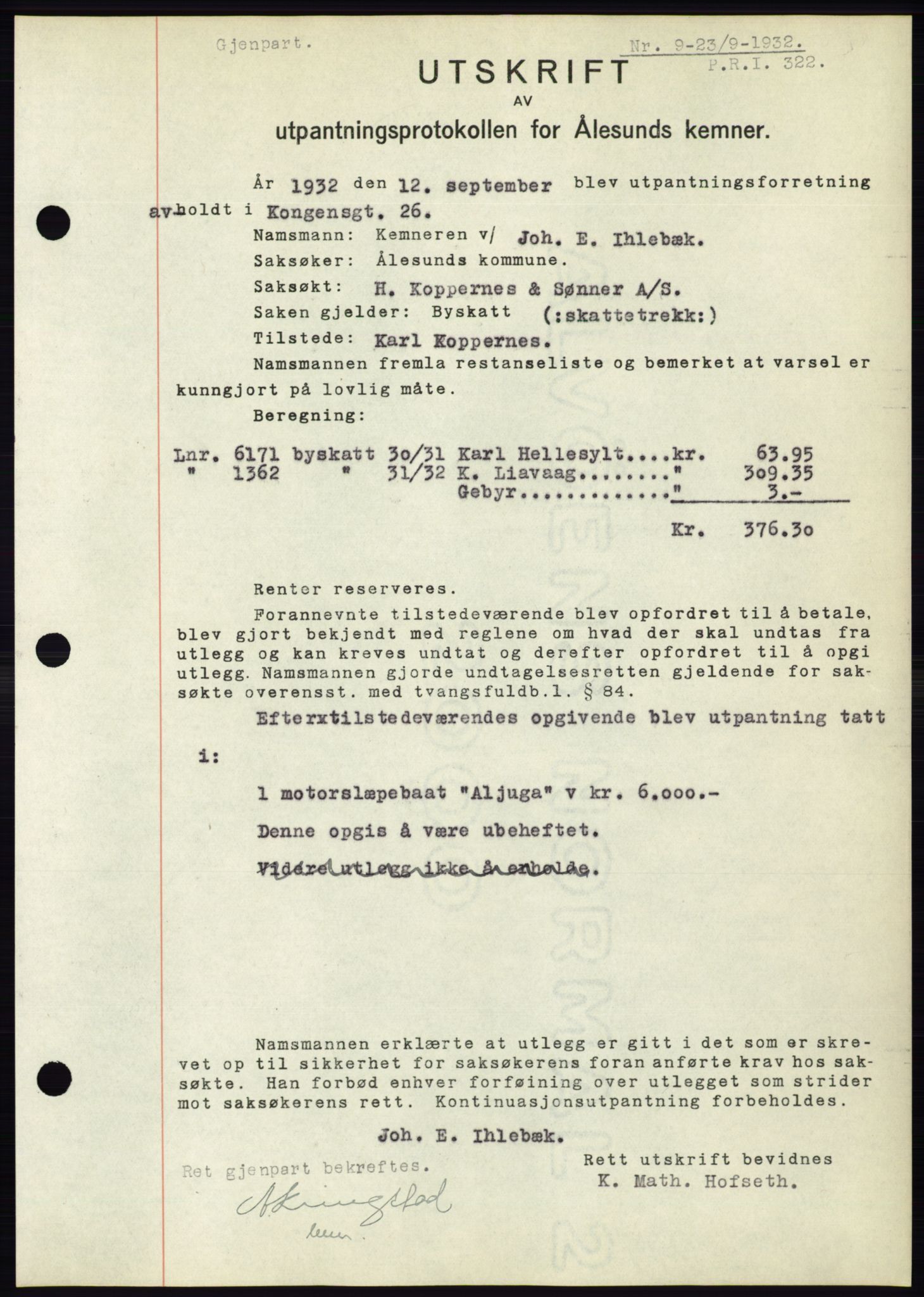 Ålesund byfogd, AV/SAT-A-4384: Pantebok nr. 30, 1932-1933, Tingl.dato: 23.09.1932