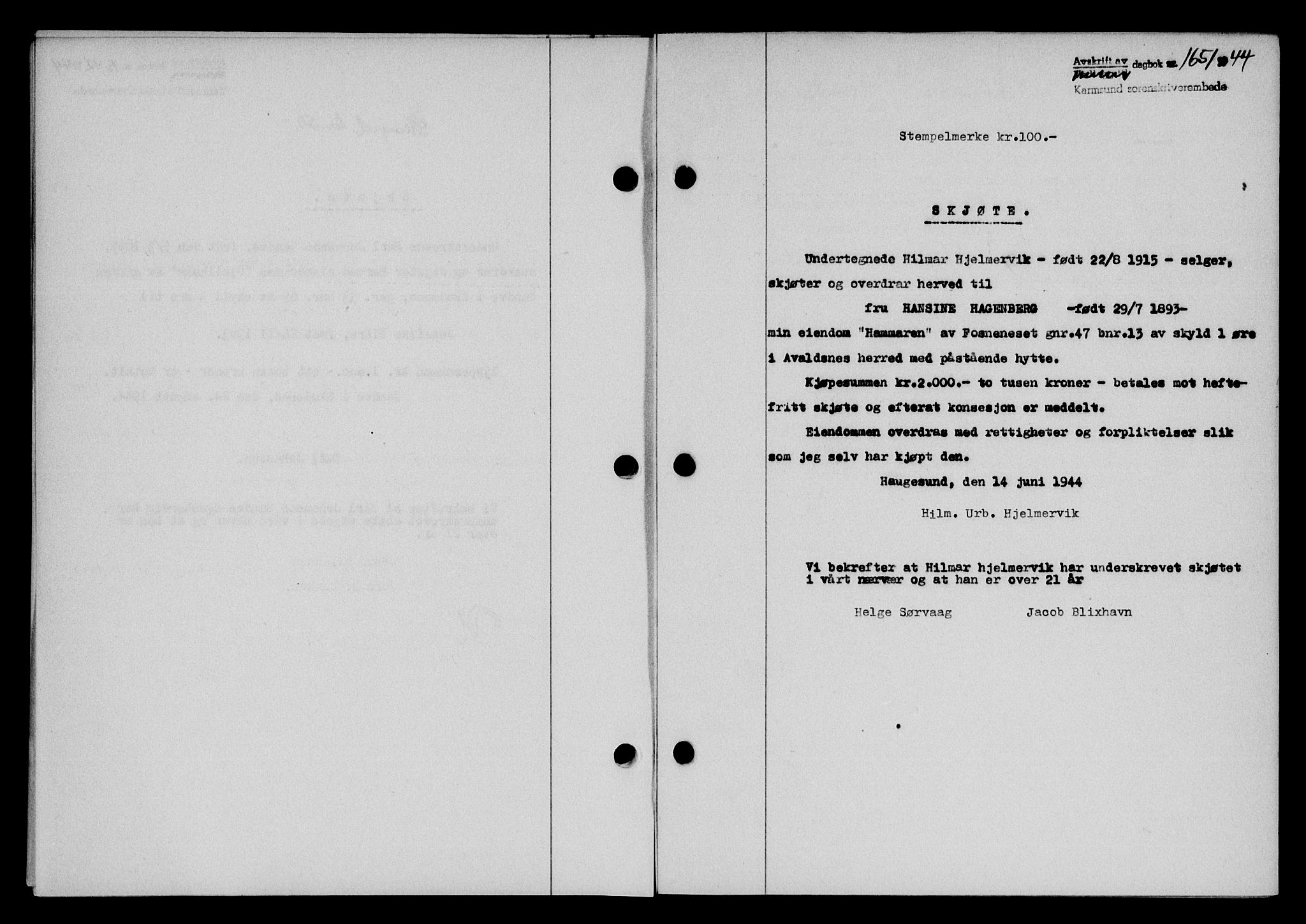 Karmsund sorenskriveri, SAST/A-100311/01/II/IIB/L0082: Pantebok nr. 63A, 1944-1944, Dagboknr: 1651/1944