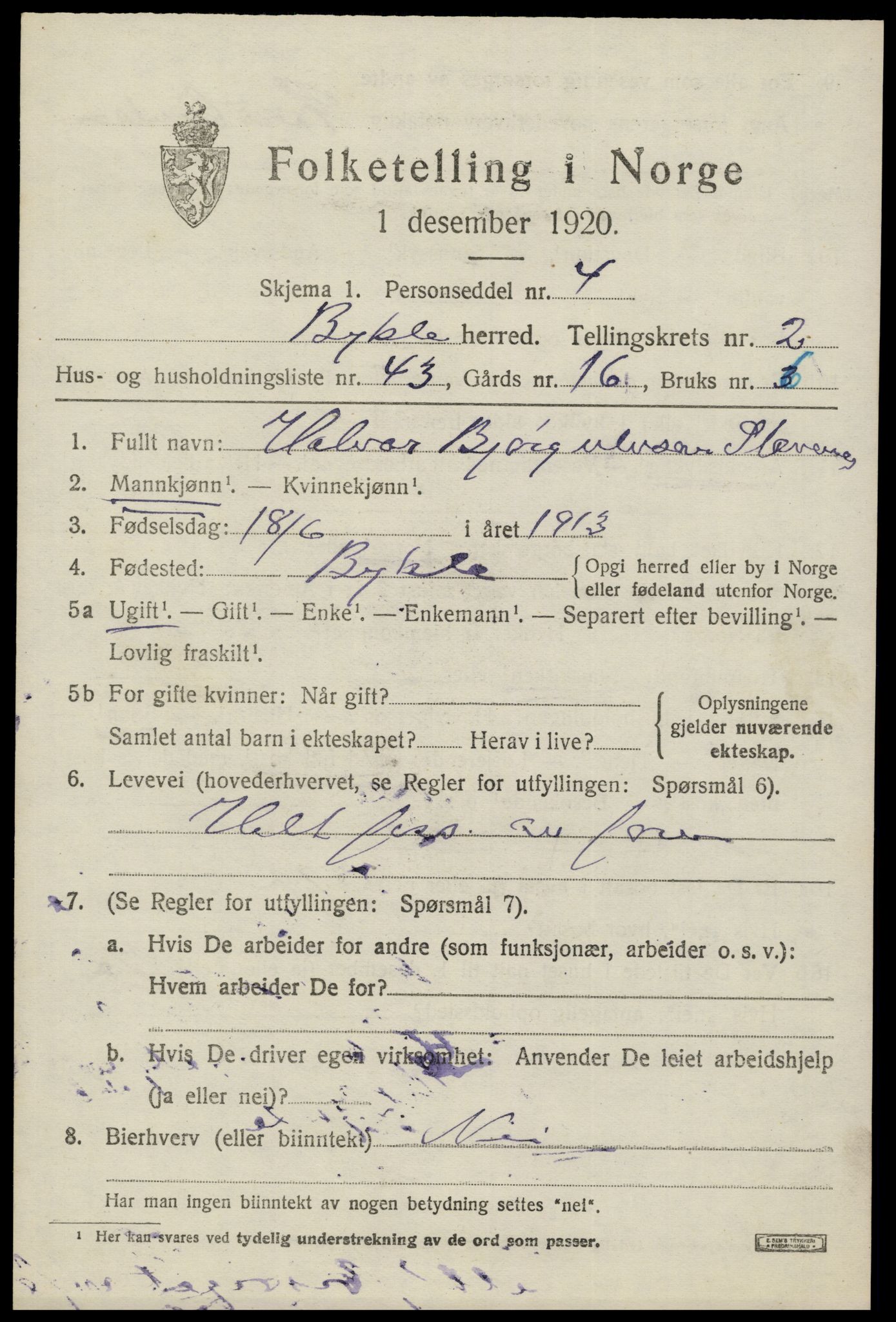 SAK, Folketelling 1920 for 0941 Bykle herred, 1920, s. 1009