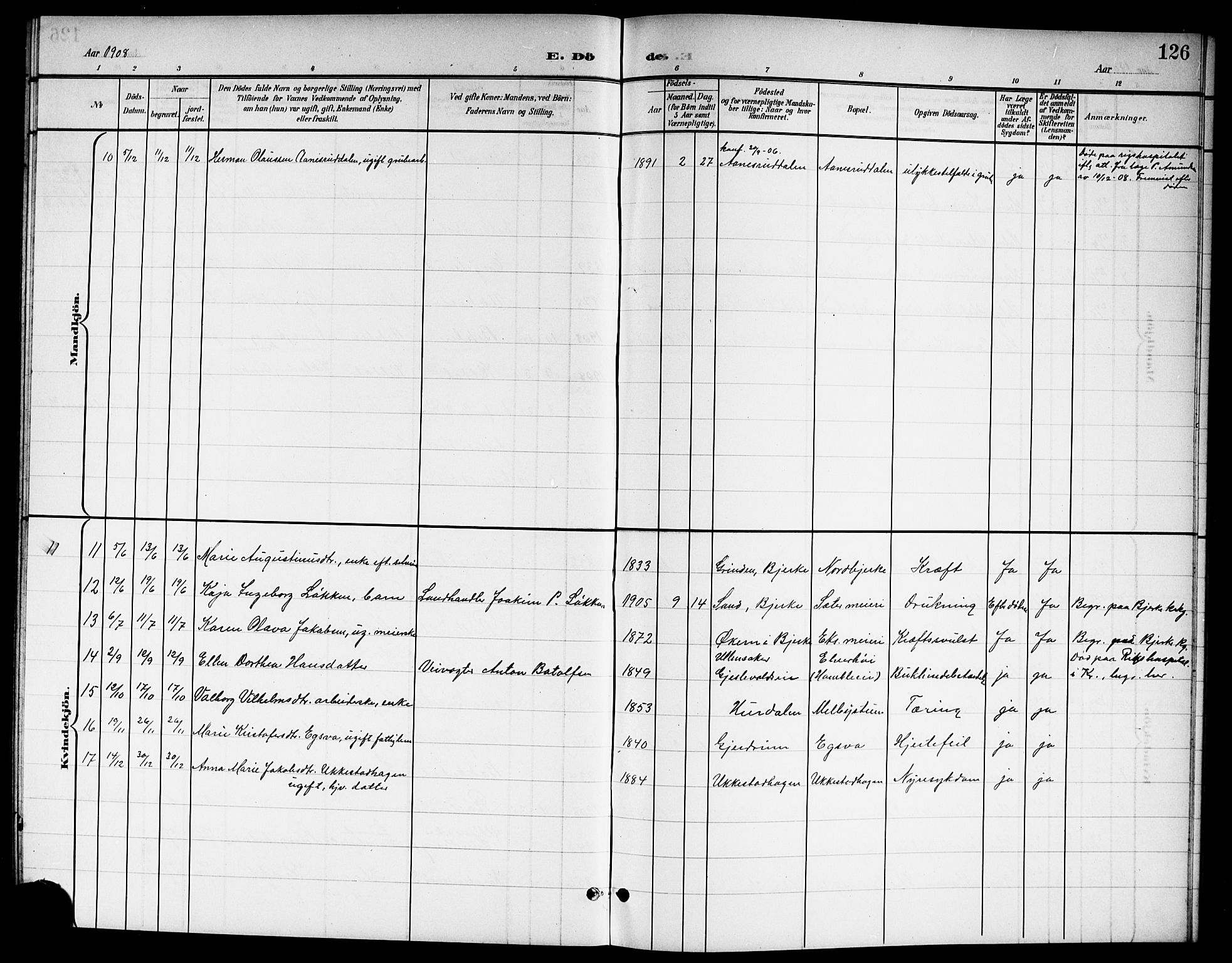 Nannestad prestekontor Kirkebøker, AV/SAO-A-10414a/G/Ga/L0002: Klokkerbok nr. I 2, 1901-1913, s. 126
