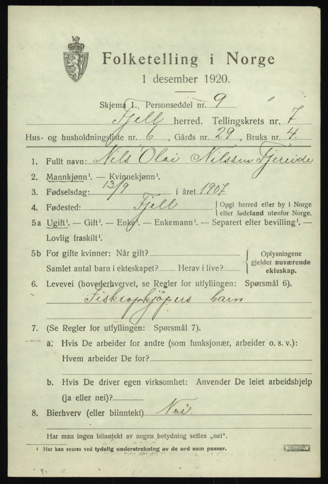 SAB, Folketelling 1920 for 1246 Fjell herred, 1920, s. 6484
