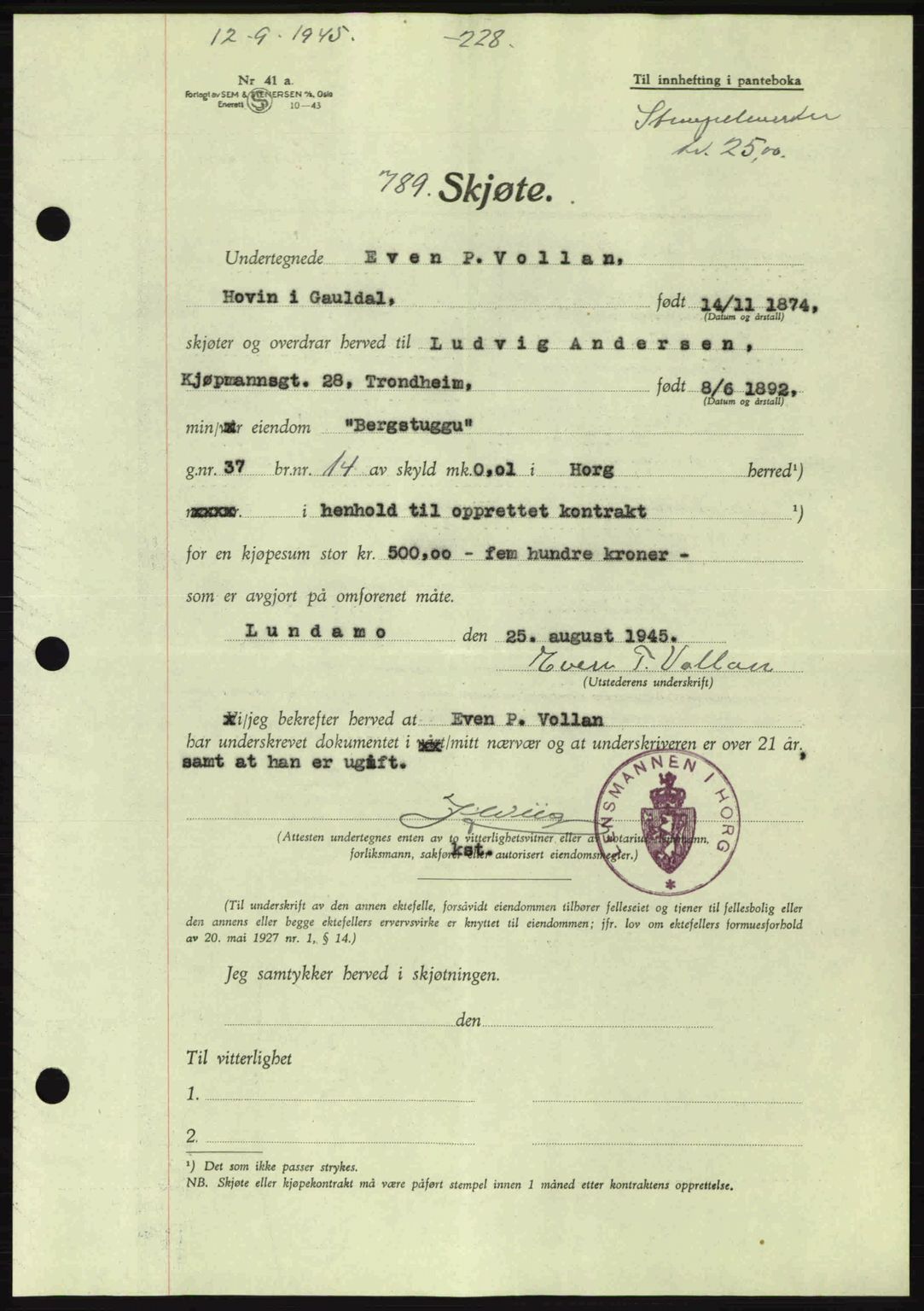 Gauldal sorenskriveri, SAT/A-0014/1/2/2C: Pantebok nr. A1a, 1945-1945, Dagboknr: 789/1945