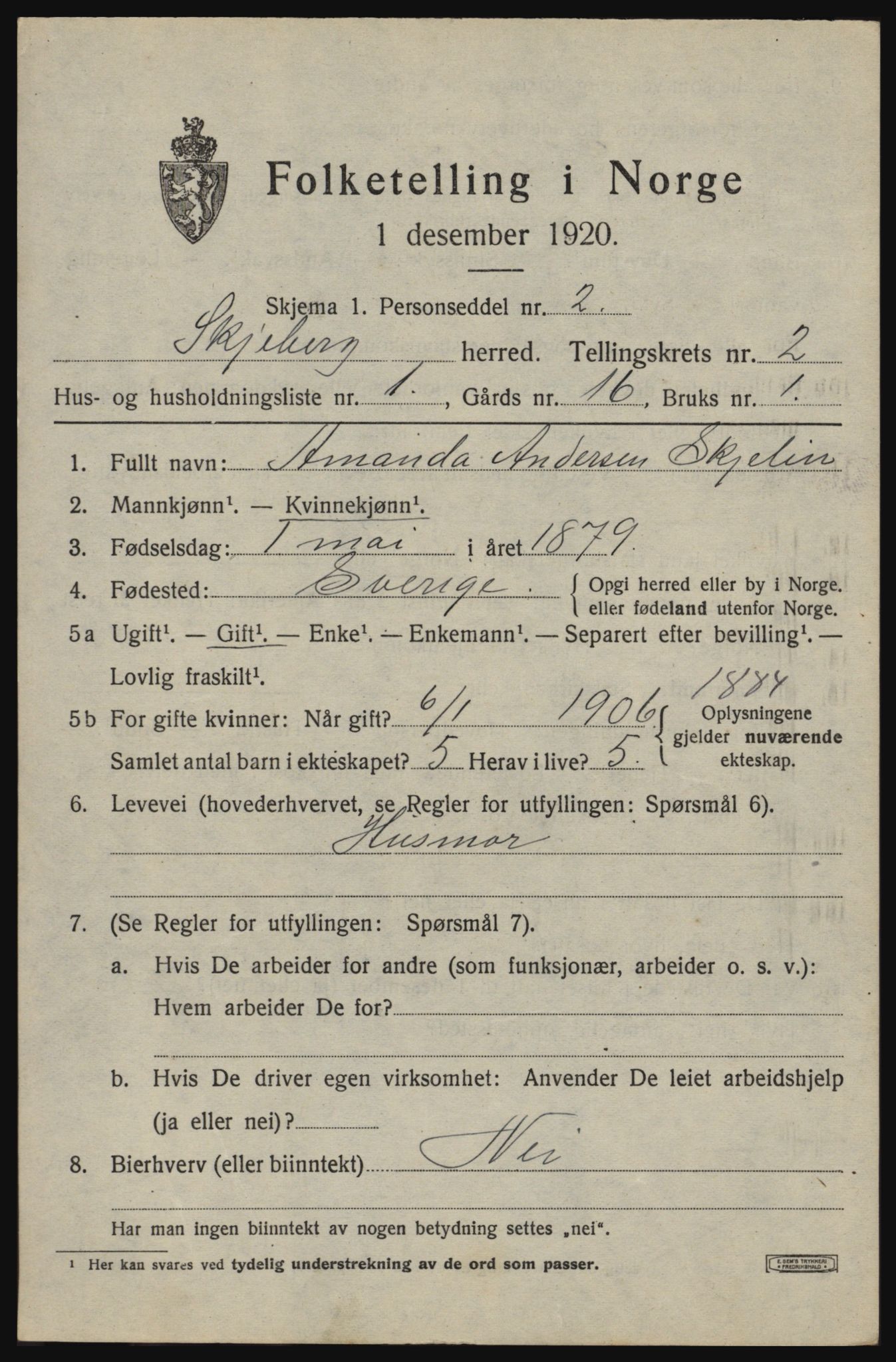 SAO, Folketelling 1920 for 0115 Skjeberg herred, 1920, s. 3505