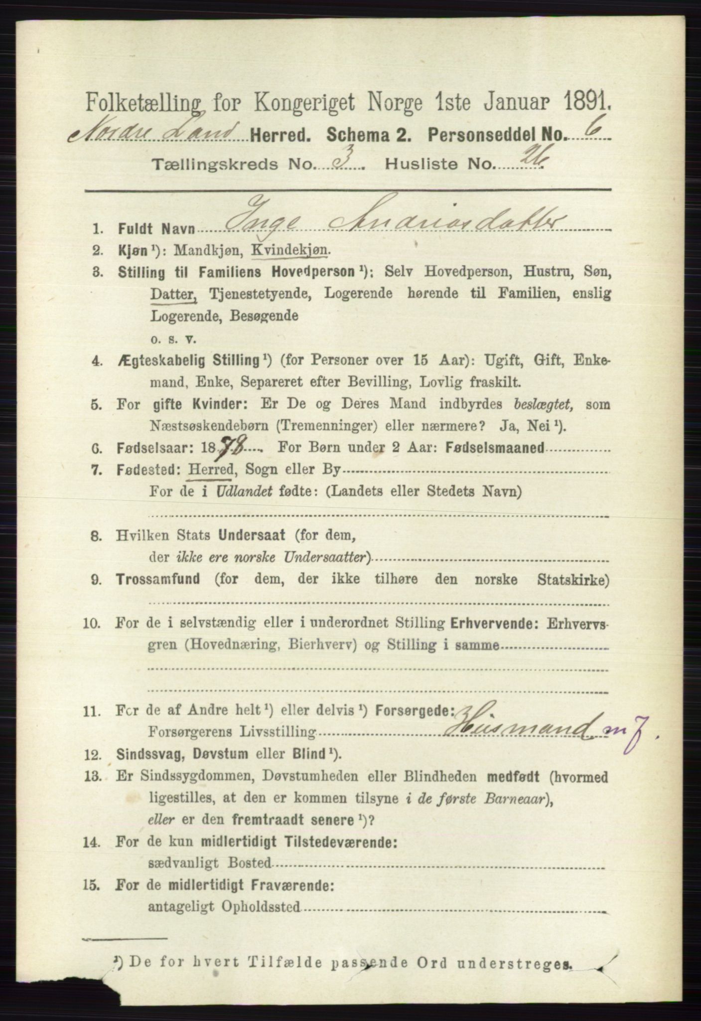 RA, Folketelling 1891 for 0538 Nordre Land herred, 1891, s. 1091