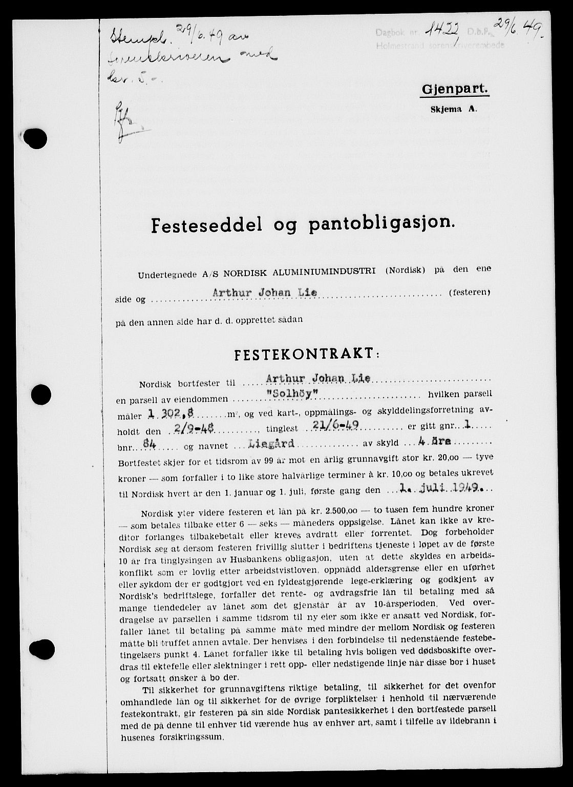 Holmestrand sorenskriveri, SAKO/A-67/G/Ga/Gaa/L0067: Pantebok nr. A-67, 1949-1949, Dagboknr: 1422/1949