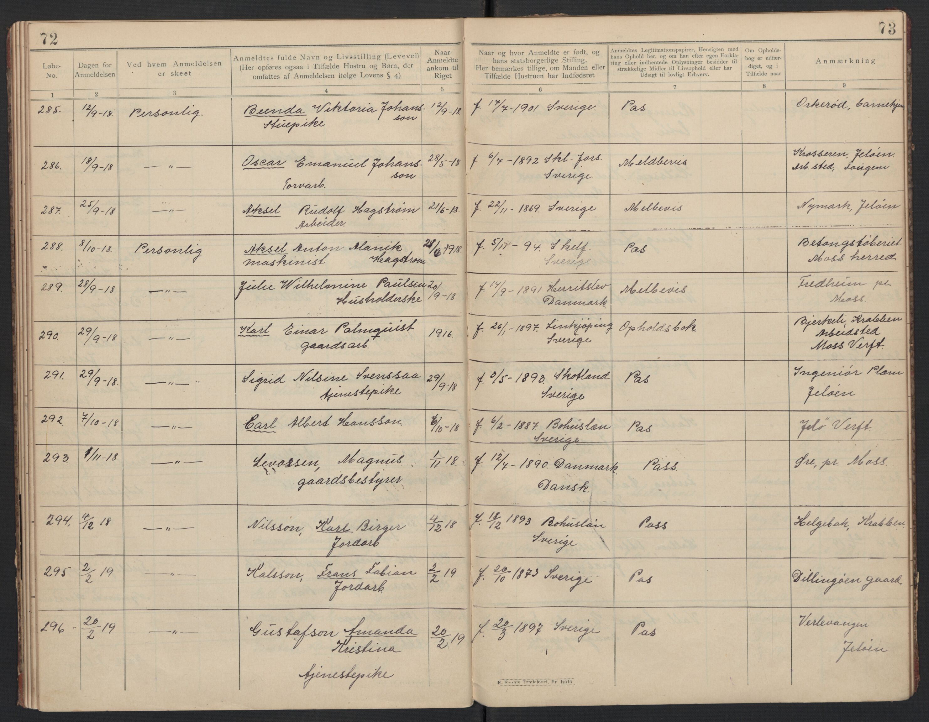 Rygge lensmannskontor, AV/SAO-A-10005/I/Ic/Ica/L0001: Protokoll over fremmede statsborgere, 1902-1920, s. 72-73