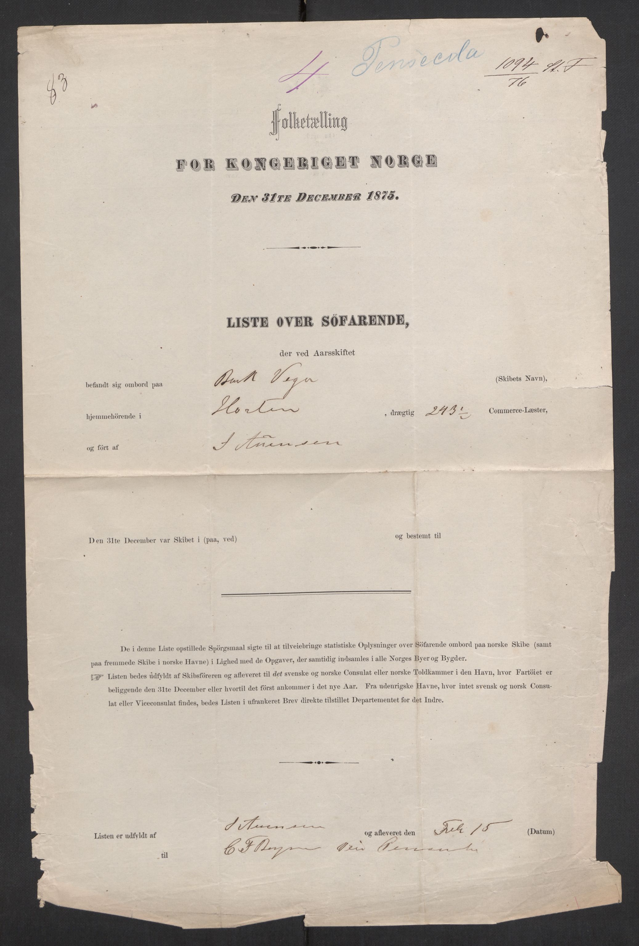 RA, Folketelling 1875, skipslister: Skip i utenrikske havner, hjemmehørende i byer og ladesteder, Fredrikshald - Arendal, 1875, s. 342