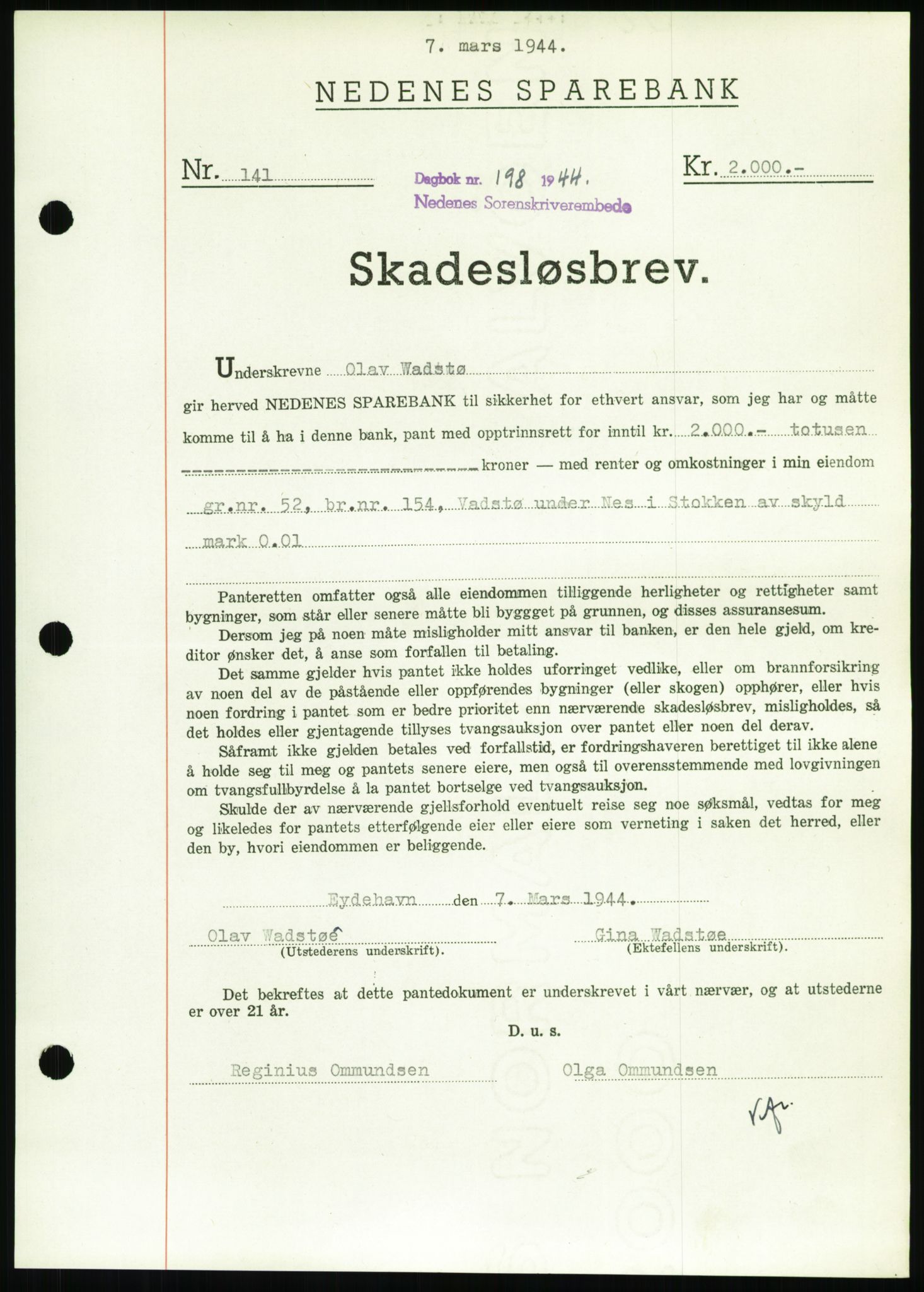 Nedenes sorenskriveri, SAK/1221-0006/G/Gb/Gbb/L0002: Pantebok nr. II, 1942-1945, Dagboknr: 198/1944