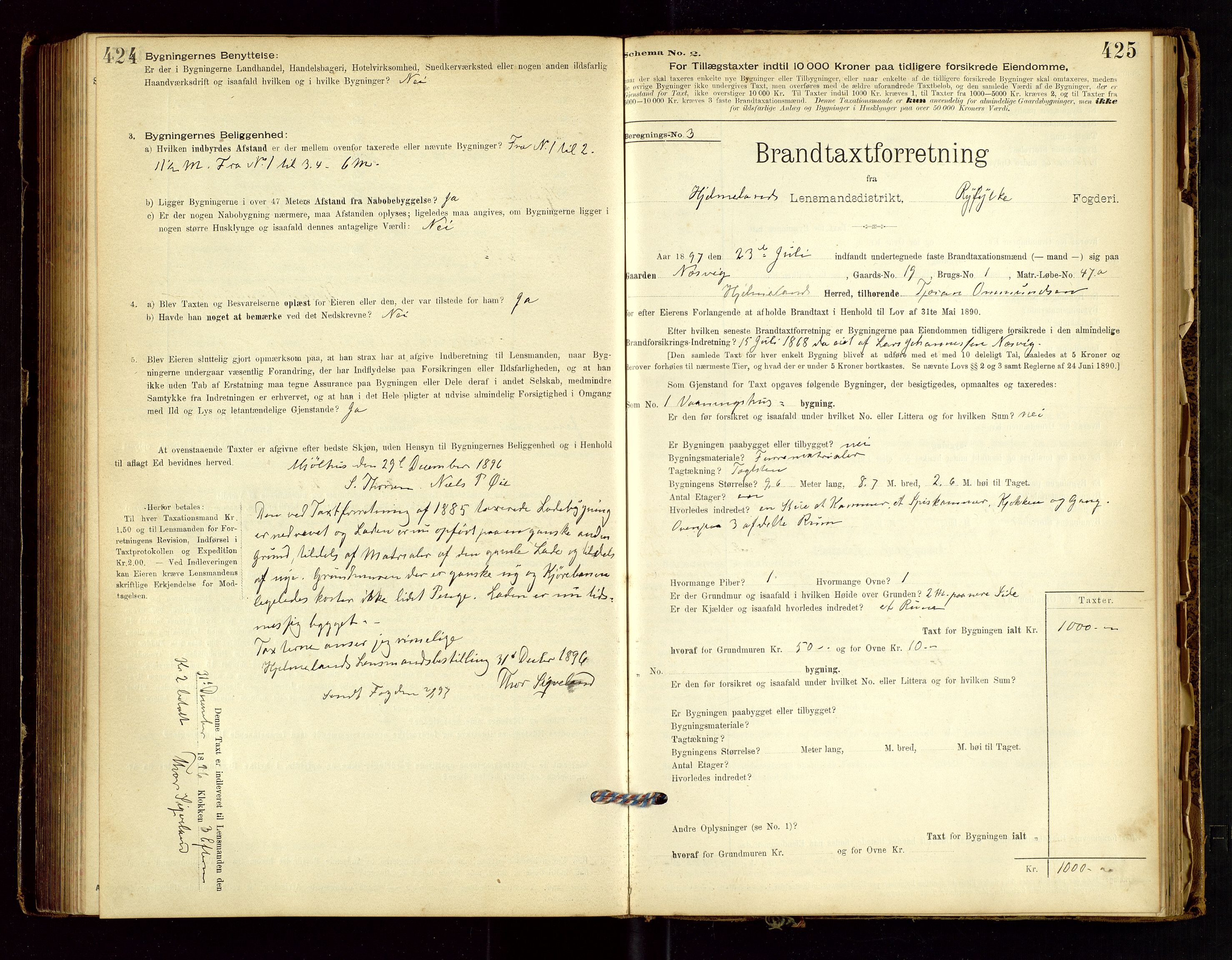 Hjelmeland lensmannskontor, SAST/A-100439/Gob/L0001: "Brandtaxationsprotokol", 1895-1932, s. 424-425