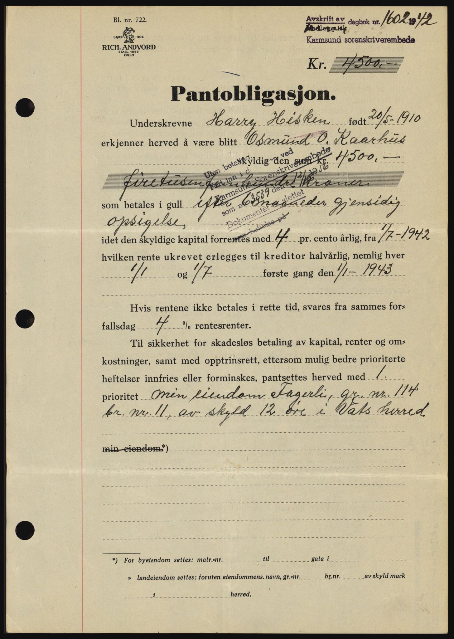 Karmsund sorenskriveri, SAST/A-100311/01/II/IIBBE/L0008: Pantebok nr. B 54, 1942-1943, Dagboknr: 1602/1942