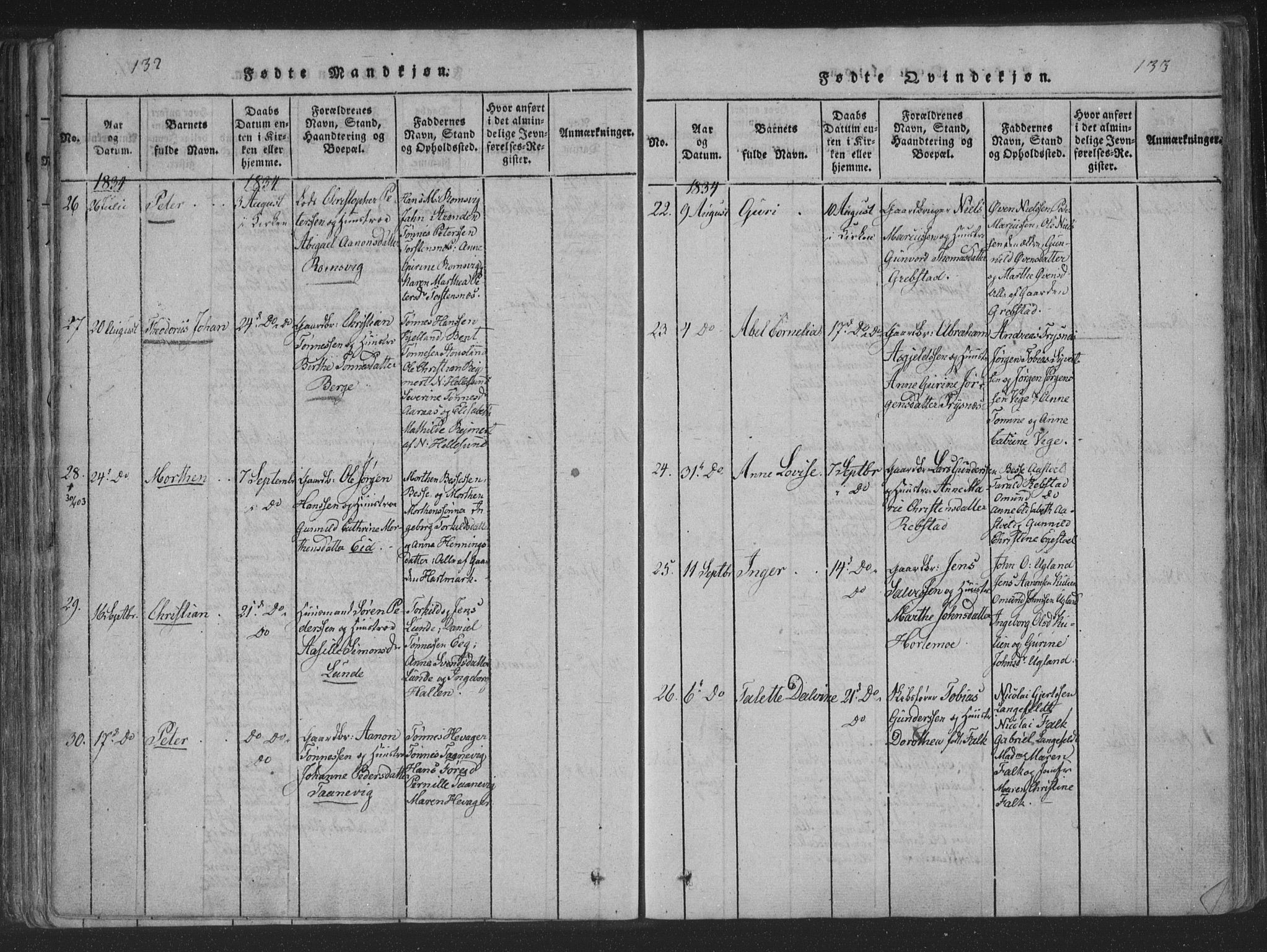 Søgne sokneprestkontor, AV/SAK-1111-0037/F/Fa/Fab/L0008: Ministerialbok nr. A 8, 1821-1838, s. 132-133
