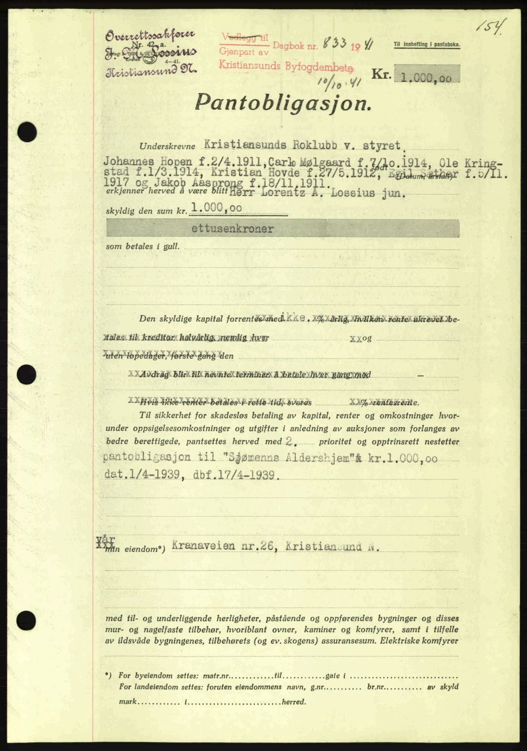 Kristiansund byfogd, AV/SAT-A-4587/A/27: Pantebok nr. 35, 1941-1942, Dagboknr: 833/1941