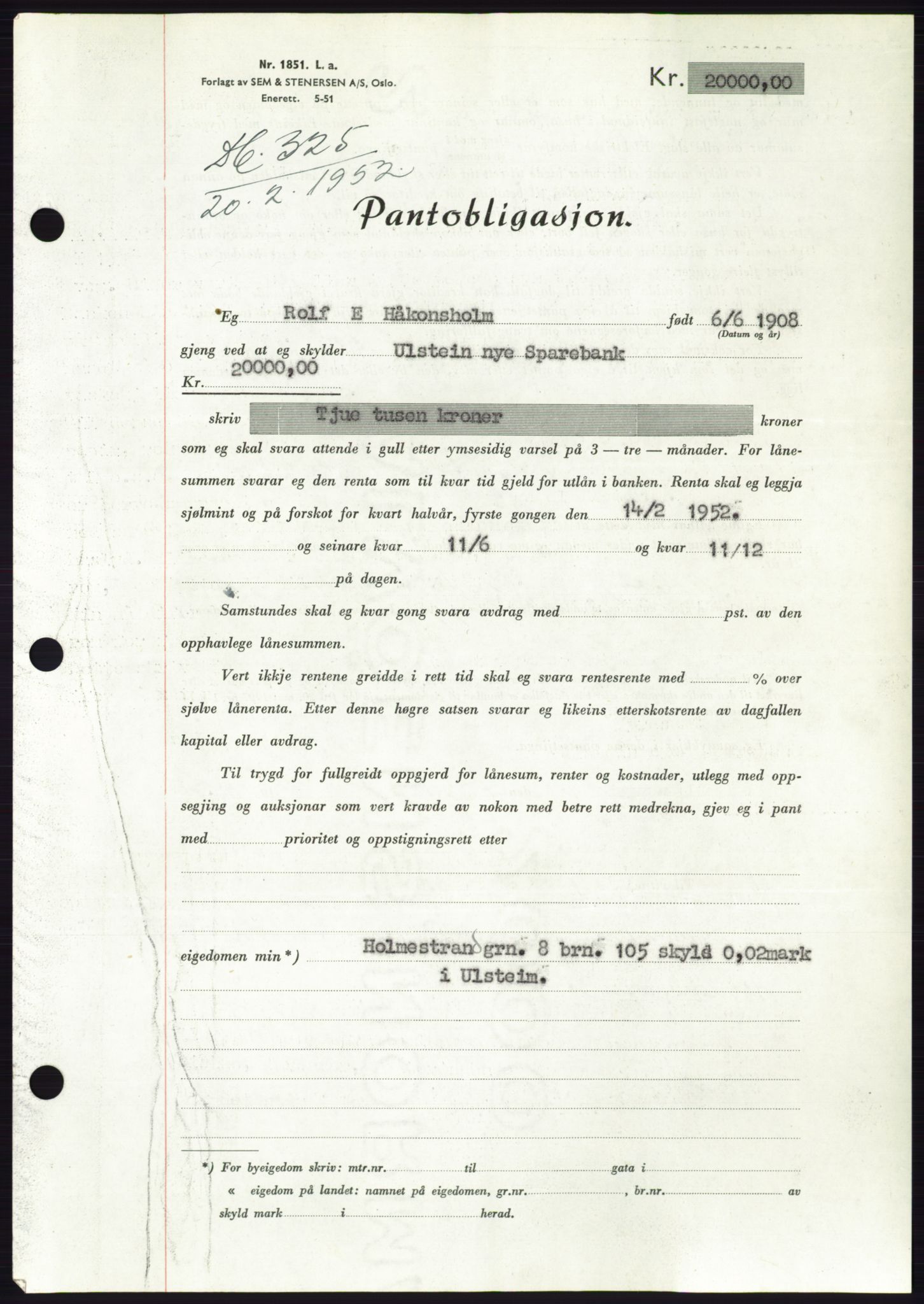 Søre Sunnmøre sorenskriveri, AV/SAT-A-4122/1/2/2C/L0121: Pantebok nr. 9B, 1951-1952, Dagboknr: 325/1952