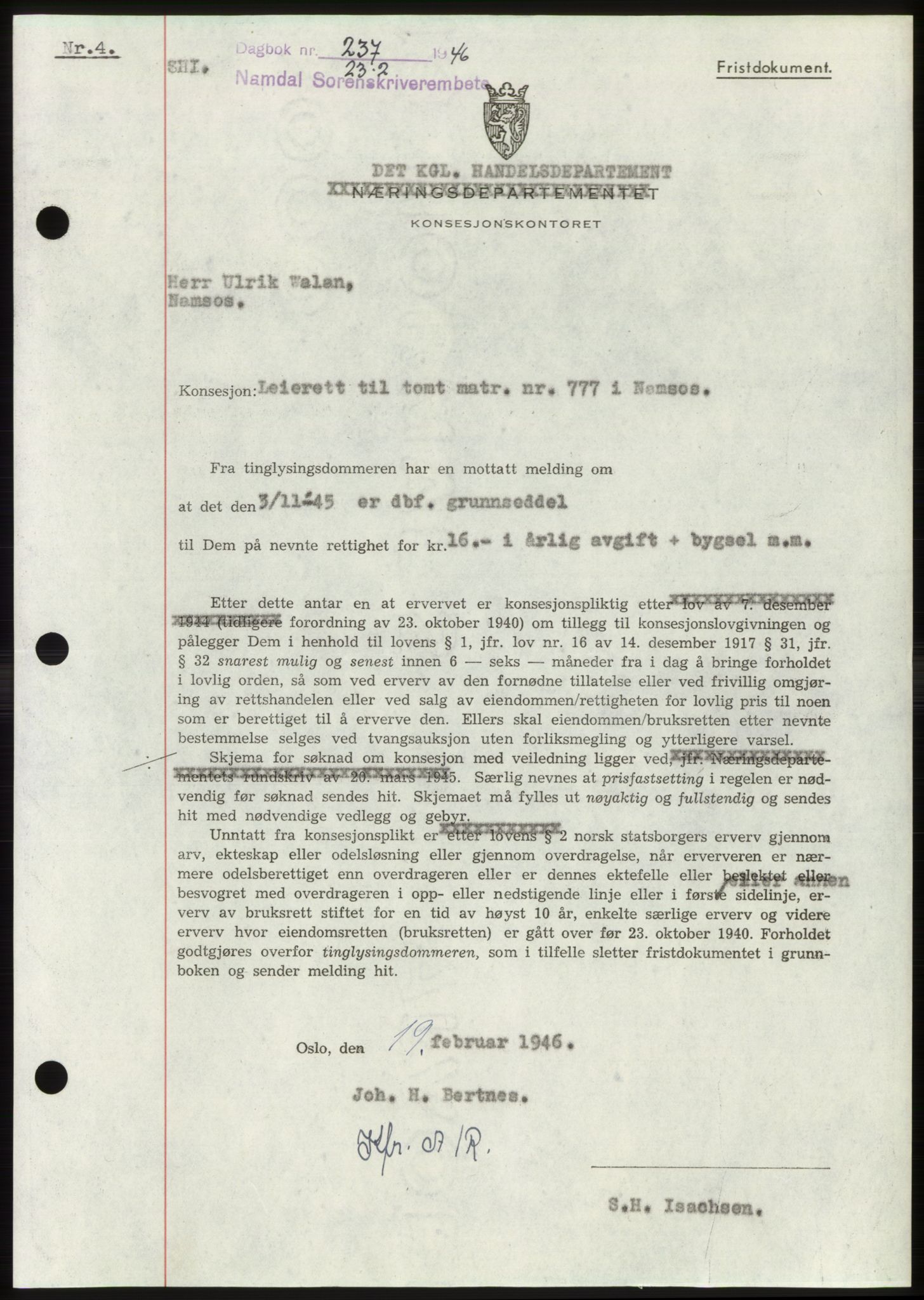Namdal sorenskriveri, SAT/A-4133/1/2/2C: Pantebok nr. -, 1946-1946, Dagboknr: 237/1946