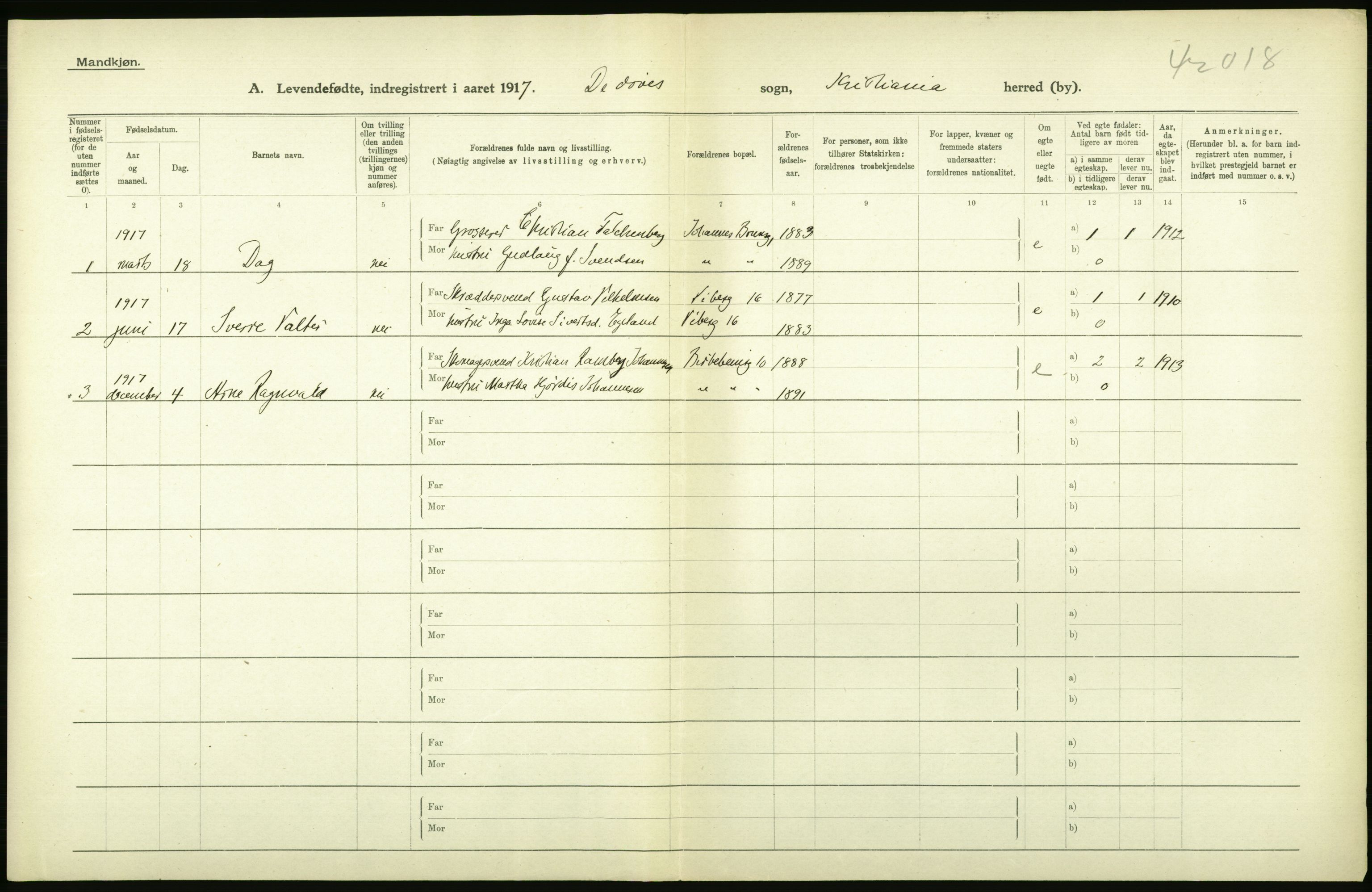 Statistisk sentralbyrå, Sosiodemografiske emner, Befolkning, RA/S-2228/D/Df/Dfb/Dfbg/L0006: Kristiania: Levendefødte menn og kvinner., 1917, s. 128