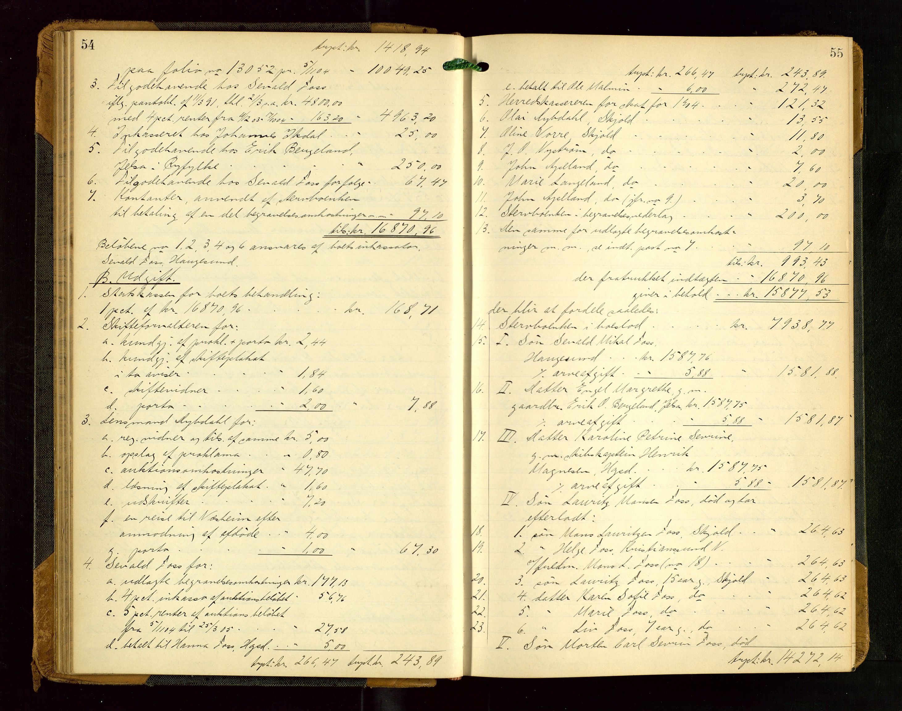 Karmsund sorenskriveri, AV/SAST-A-100311/01/IV/IVGB/L0001: SKIFTEUTLODNINGSPROTOKOLL, 1904-1911, s. 54-55