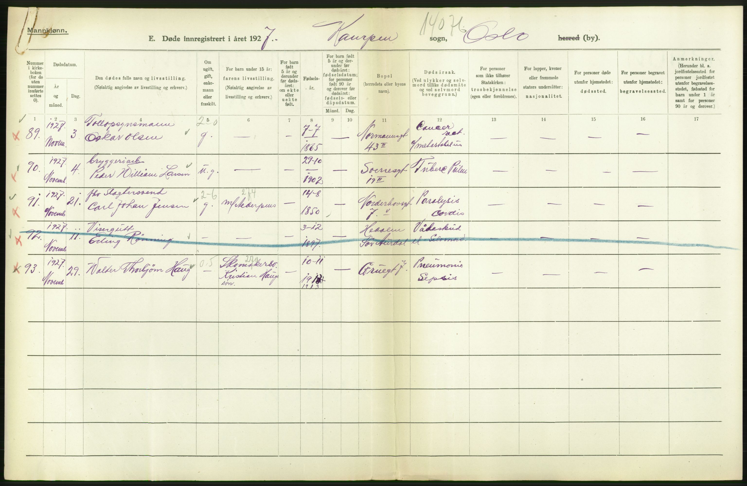 Statistisk sentralbyrå, Sosiodemografiske emner, Befolkning, AV/RA-S-2228/D/Df/Dfc/Dfcg/L0009: Oslo: Døde menn, 1927, s. 474