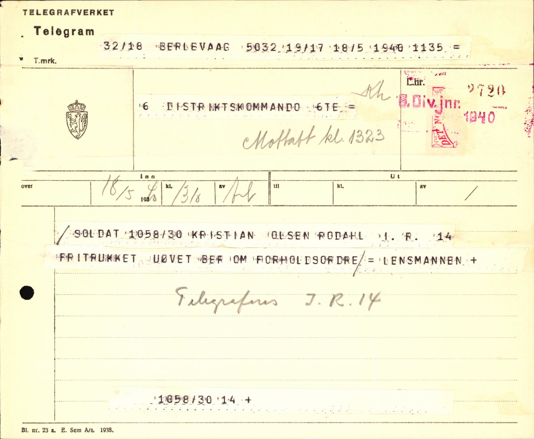 Forsvaret, Forsvarets krigshistoriske avdeling, AV/RA-RAFA-2017/Y/Yb/L0123: II-C-11-600  -  6. Divisjon med avdelinger, 1940, s. 701