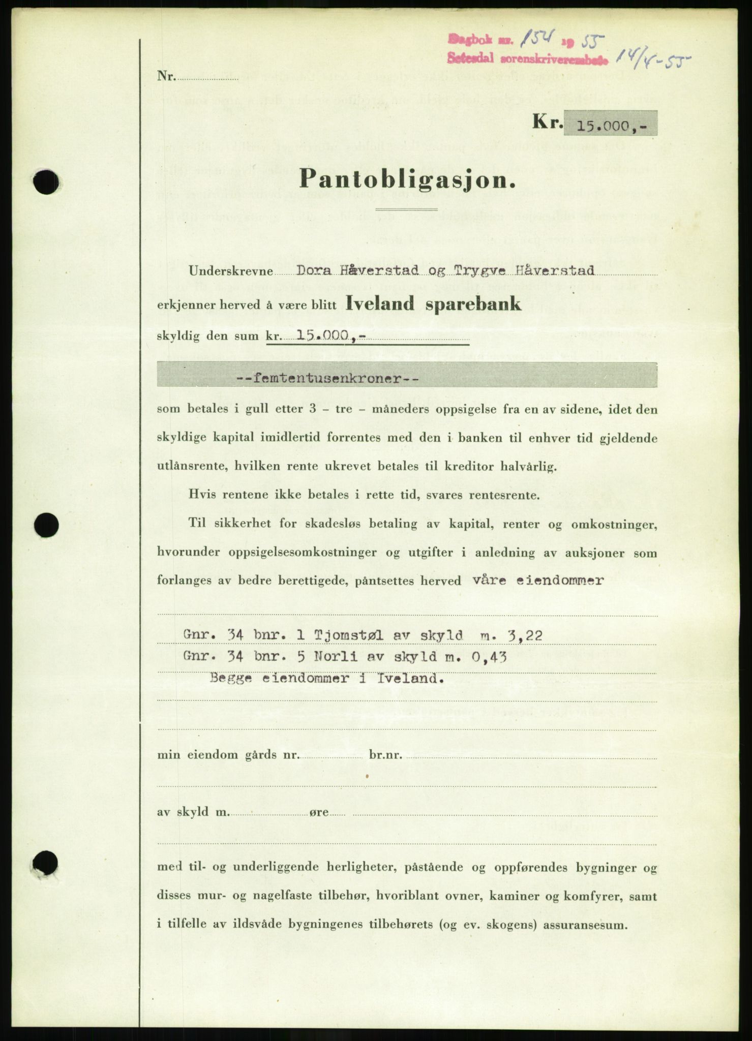 Setesdal sorenskriveri, SAK/1221-0011/G/Gb/L0052: Pantebok nr. B 40, 1954-1955, Dagboknr: 154/1955