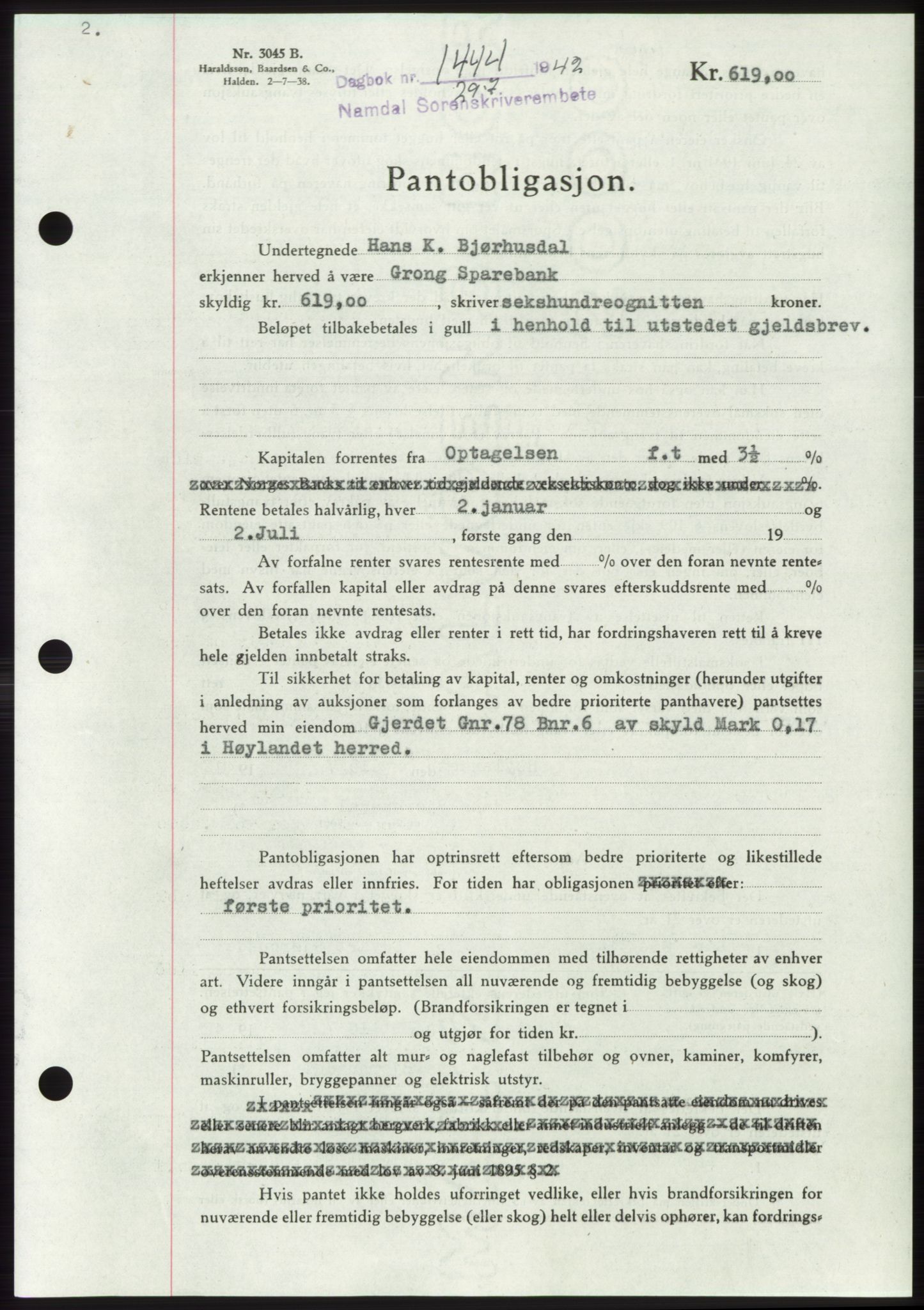 Namdal sorenskriveri, SAT/A-4133/1/2/2C: Pantebok nr. -, 1942-1943, Dagboknr: 1444/1942