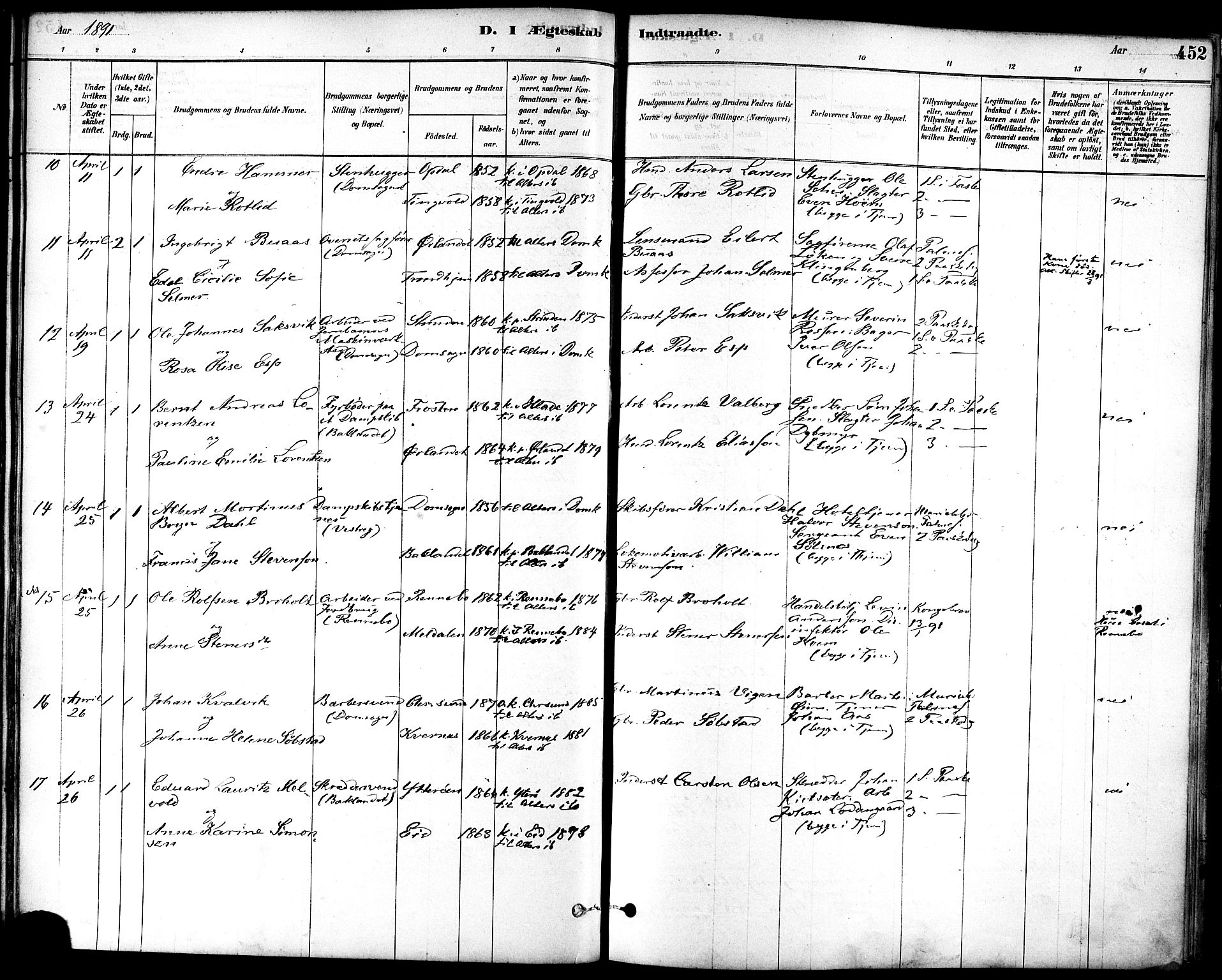 Ministerialprotokoller, klokkerbøker og fødselsregistre - Sør-Trøndelag, SAT/A-1456/601/L0058: Ministerialbok nr. 601A26, 1877-1891, s. 452