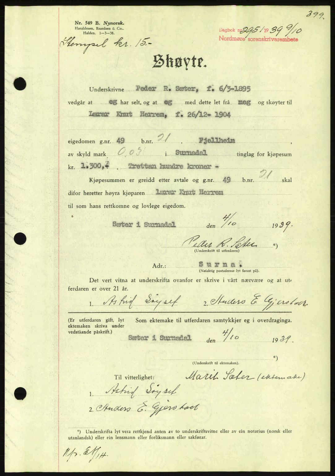 Nordmøre sorenskriveri, SAT/A-4132/1/2/2Ca: Pantebok nr. A87, 1939-1940, Dagboknr: 2951/1939